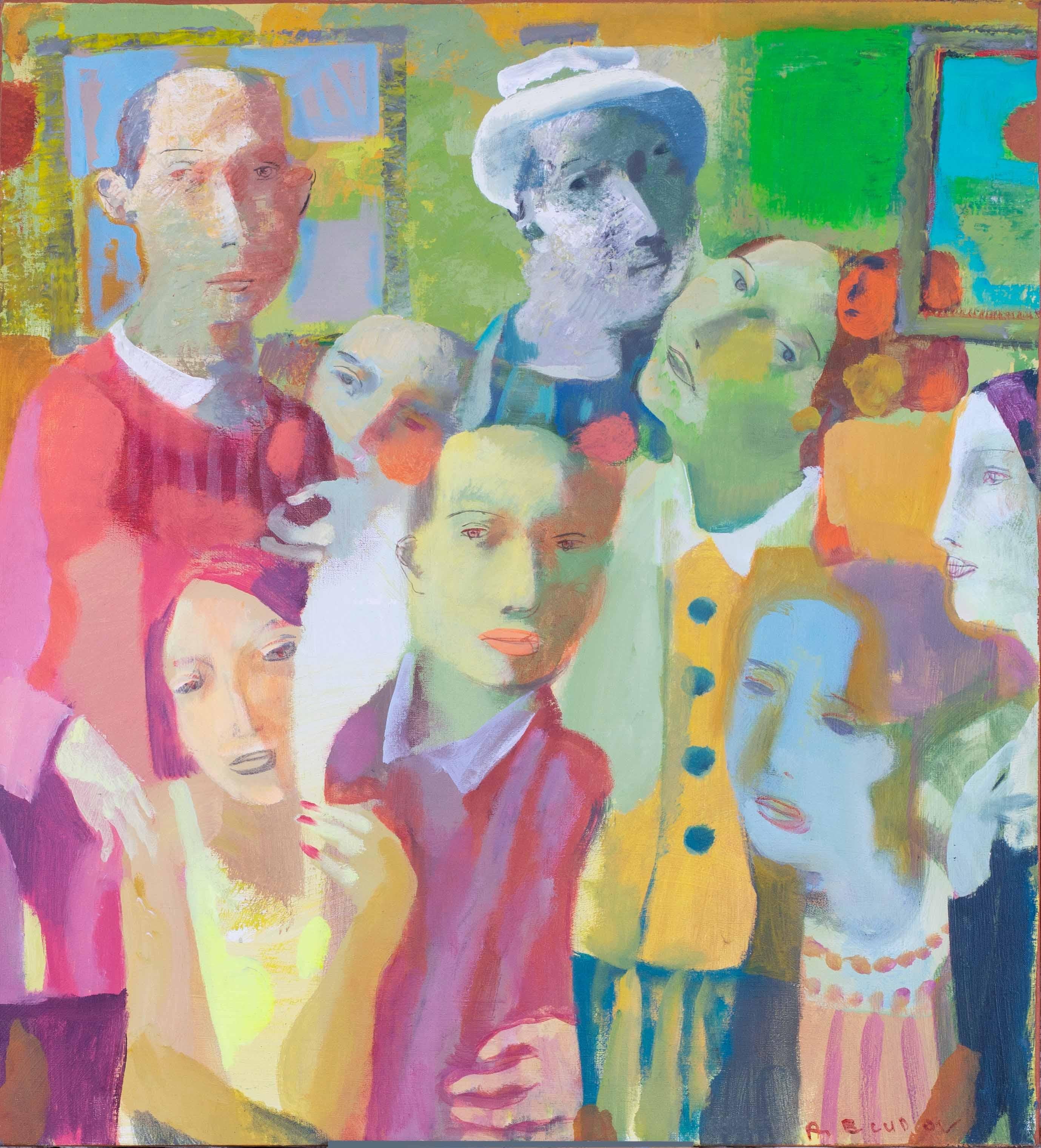 Contemporary Ukrainian oil painting 'Family' by Andrei Bludov, greens and pinks - Painting by Andrei Bludov 