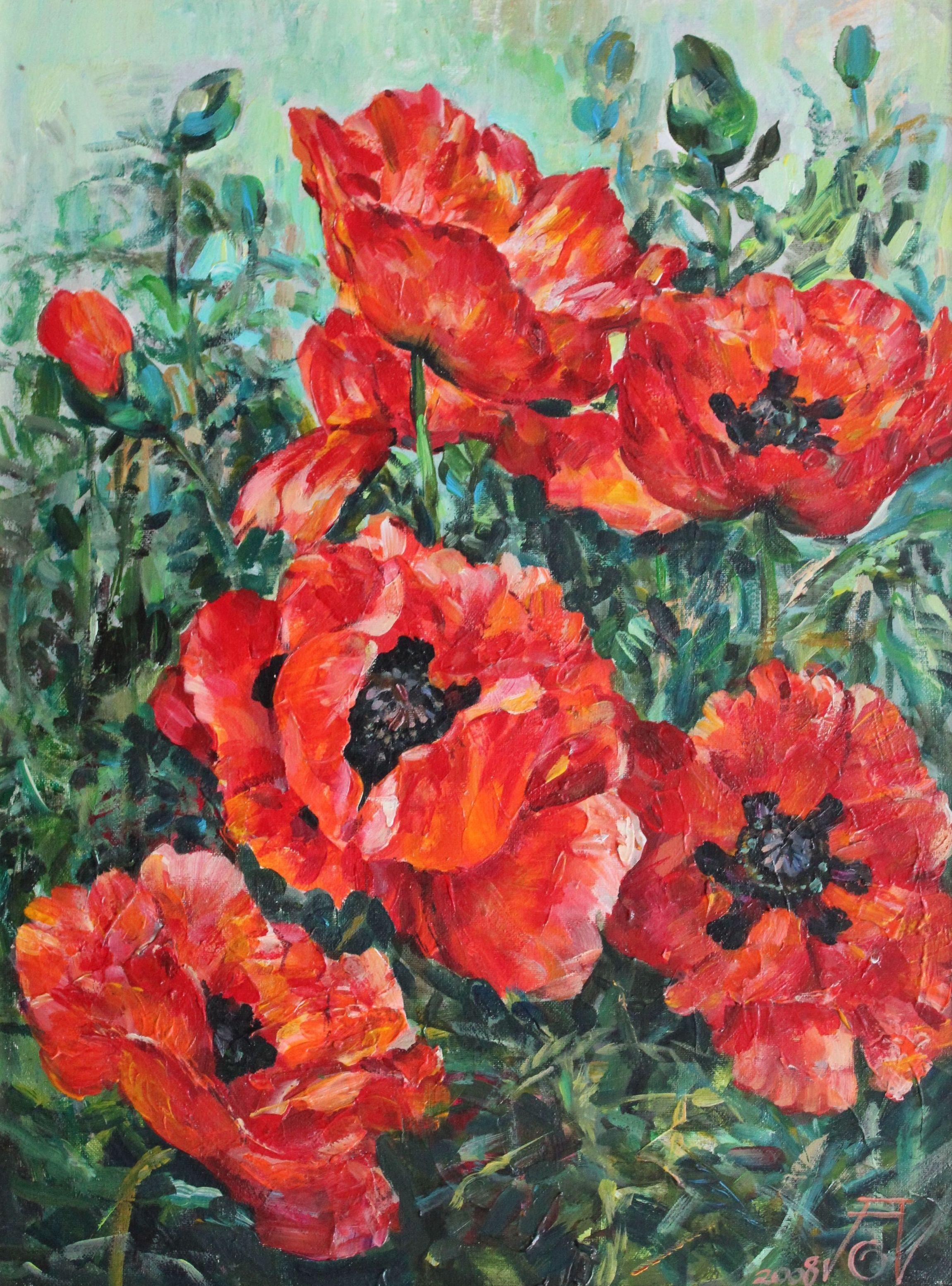 Andrei Gorgoc  Still-Life Painting - Poppy. Canvas, cardboard, oil, 61x45.5 cm