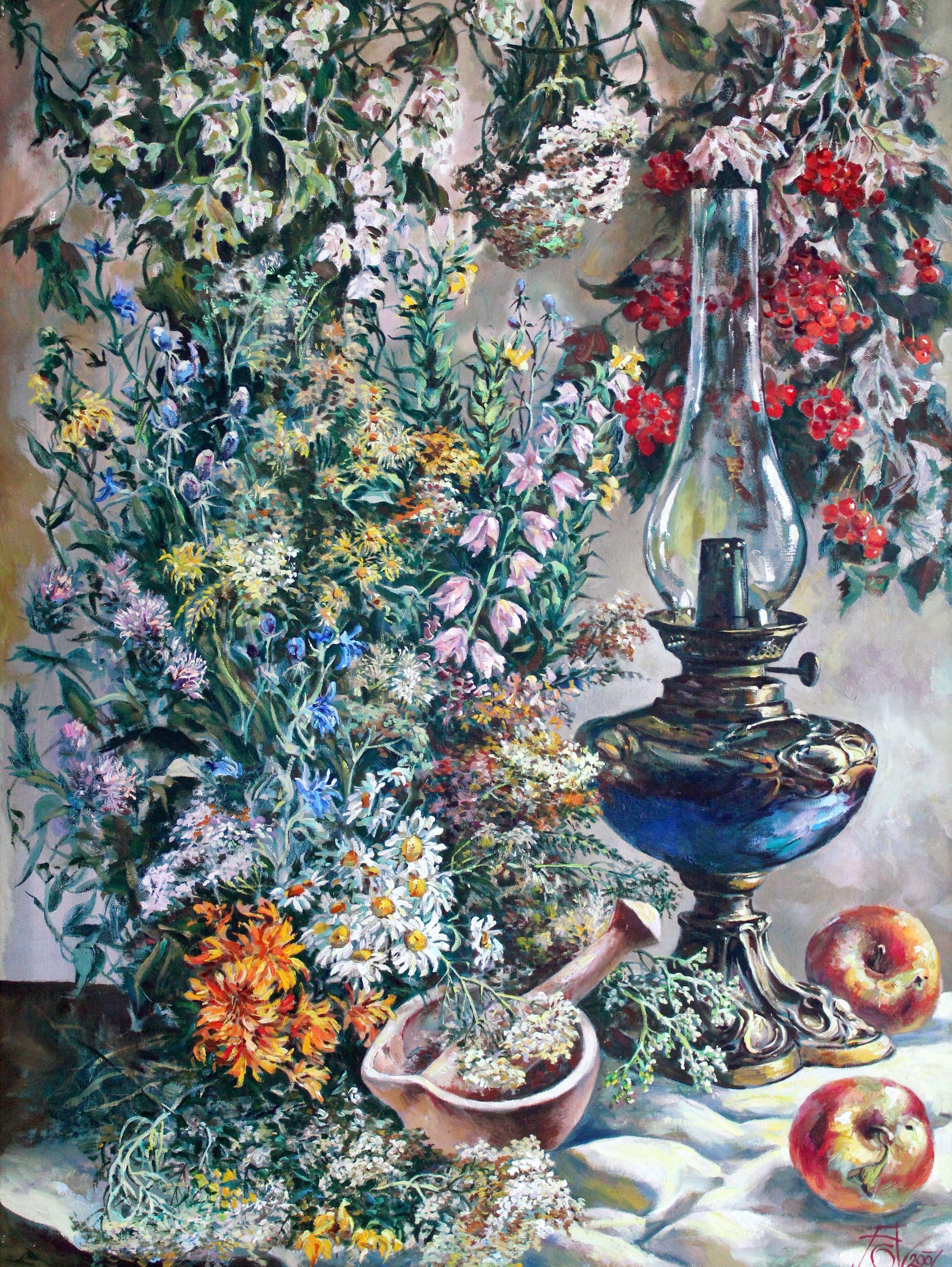 Andrei Gorgoc  Still-Life Painting - Still life with wildflowers. Oil on canvas, 80.5x60.5 cm
