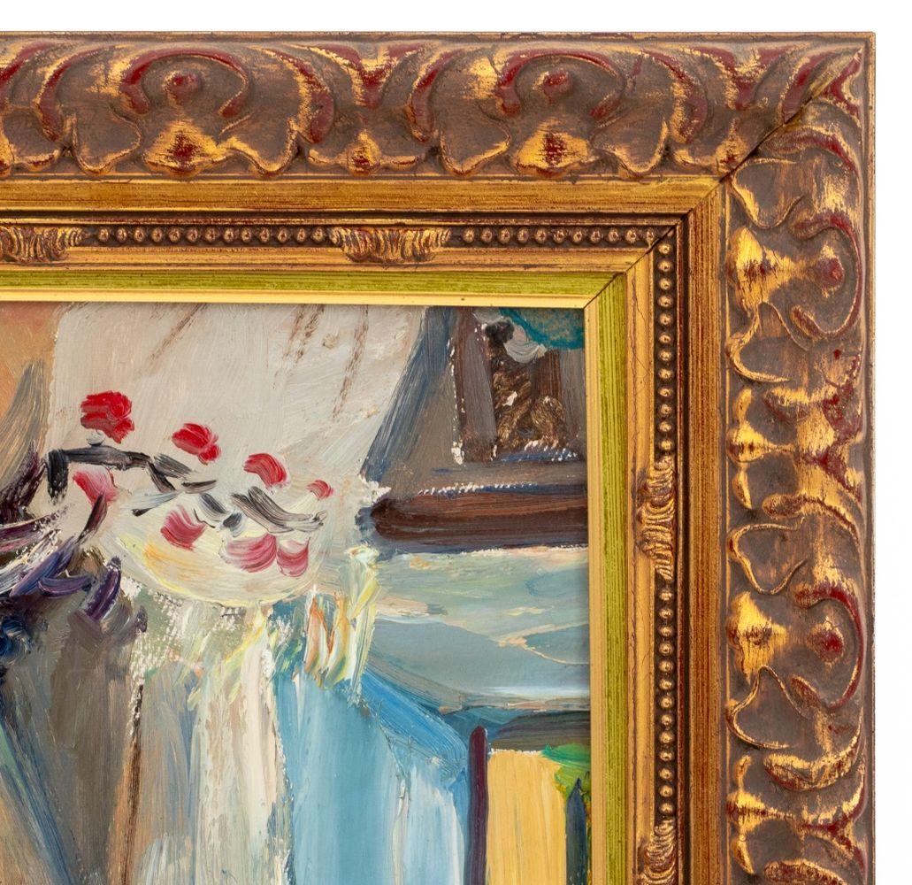 Andrei Artistics Potapenko (ukrainien, 1925-2011), Scène d'intérieur, huile sur carton, 1961, représentant une femme en foulard debout près d'une fenêtre, signée et datée en bas à droite, avec le nom de l'artiste et les dates au verso, cadre en bois
