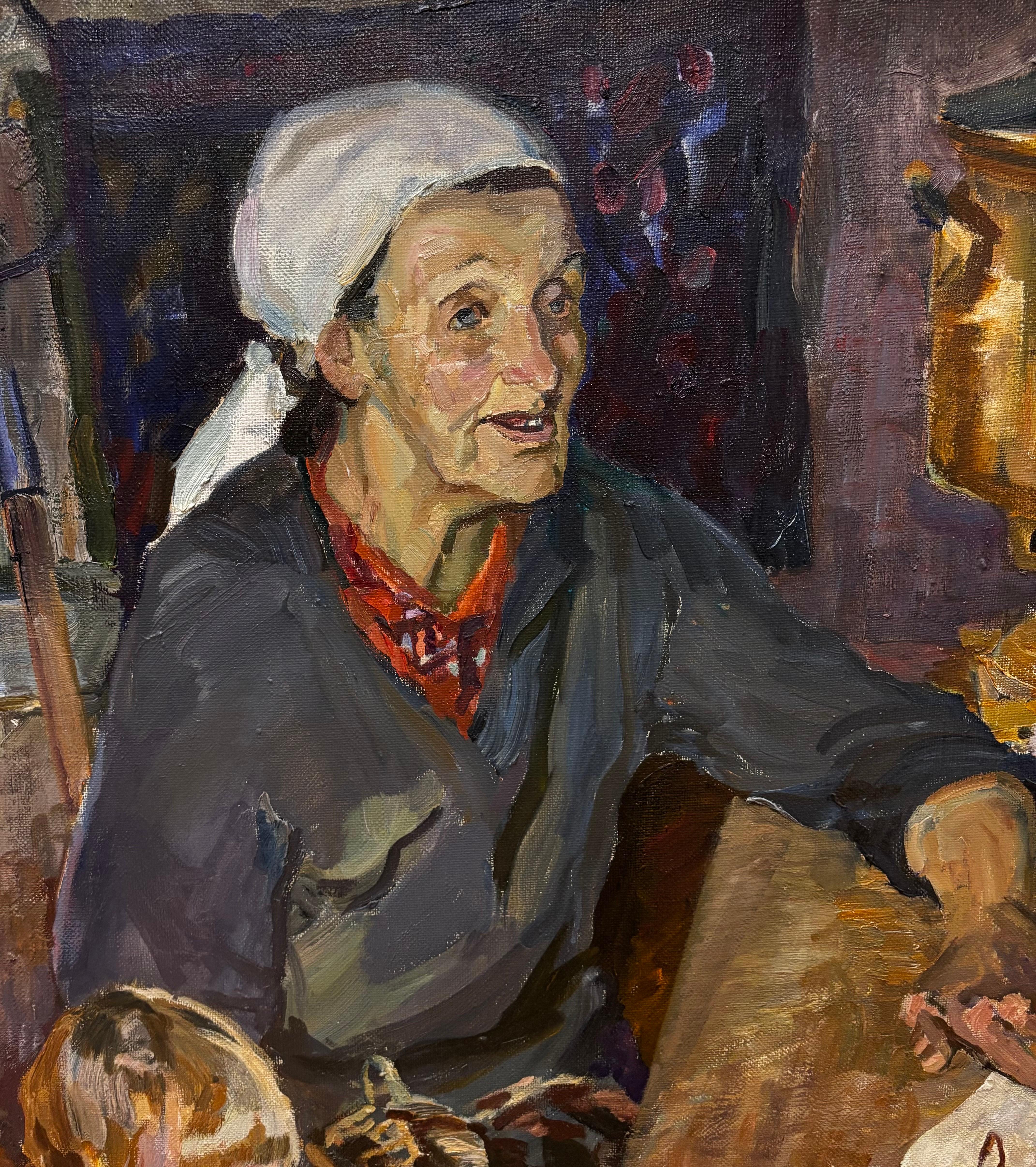 Scena intima ,casa di campagna e la nonna che racconta una favola davanti al camino con due nipotini e un gatto da accarezzare
Andrei Levitine (1947 San Pietroburgo)