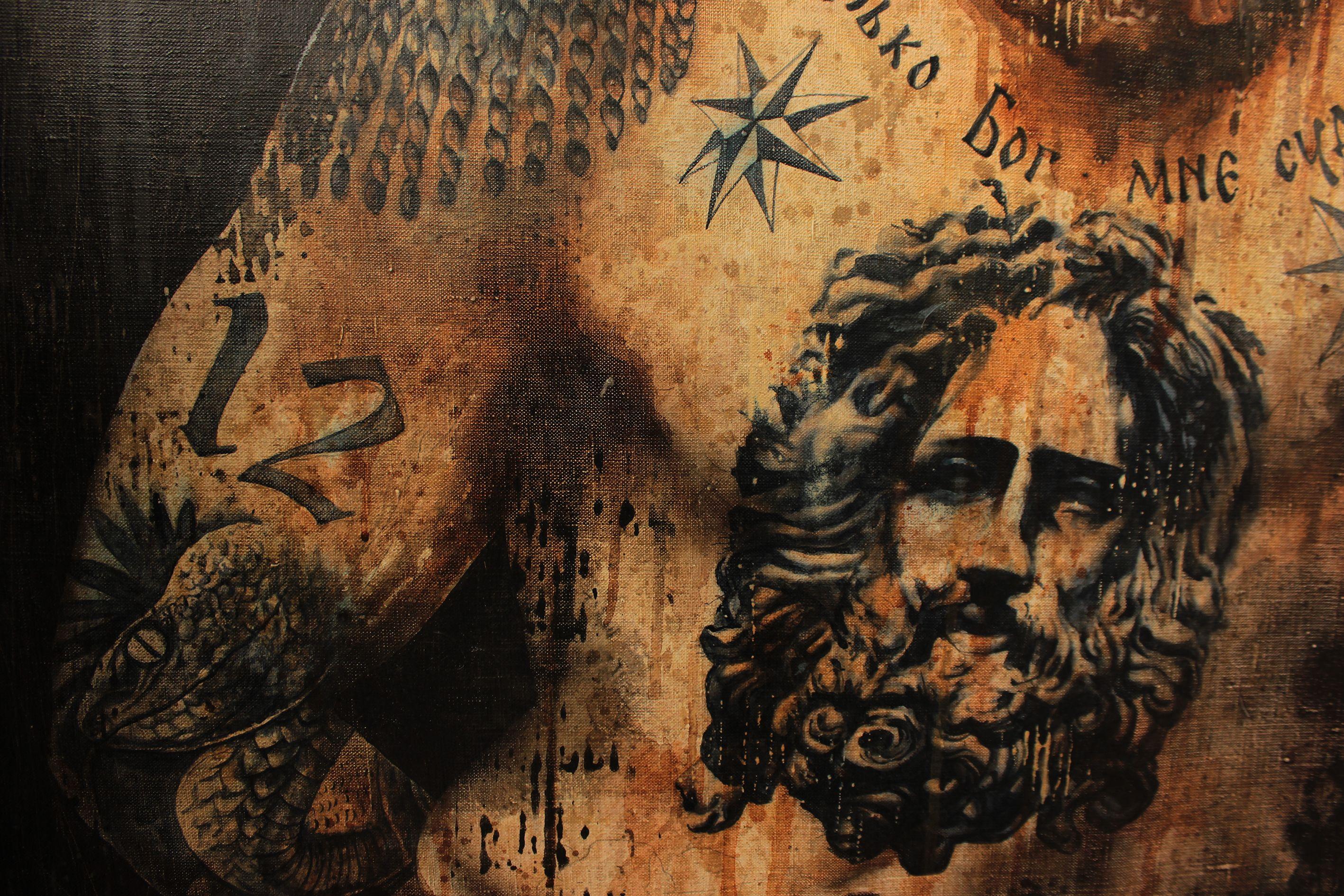 The painting depicts Hercules with tattoos of his exploits and a portrait of his father, Zeus. Hercules is the biggest bully of antiquity, but at the same time he is protected by his father.The inscription on the body translates as 