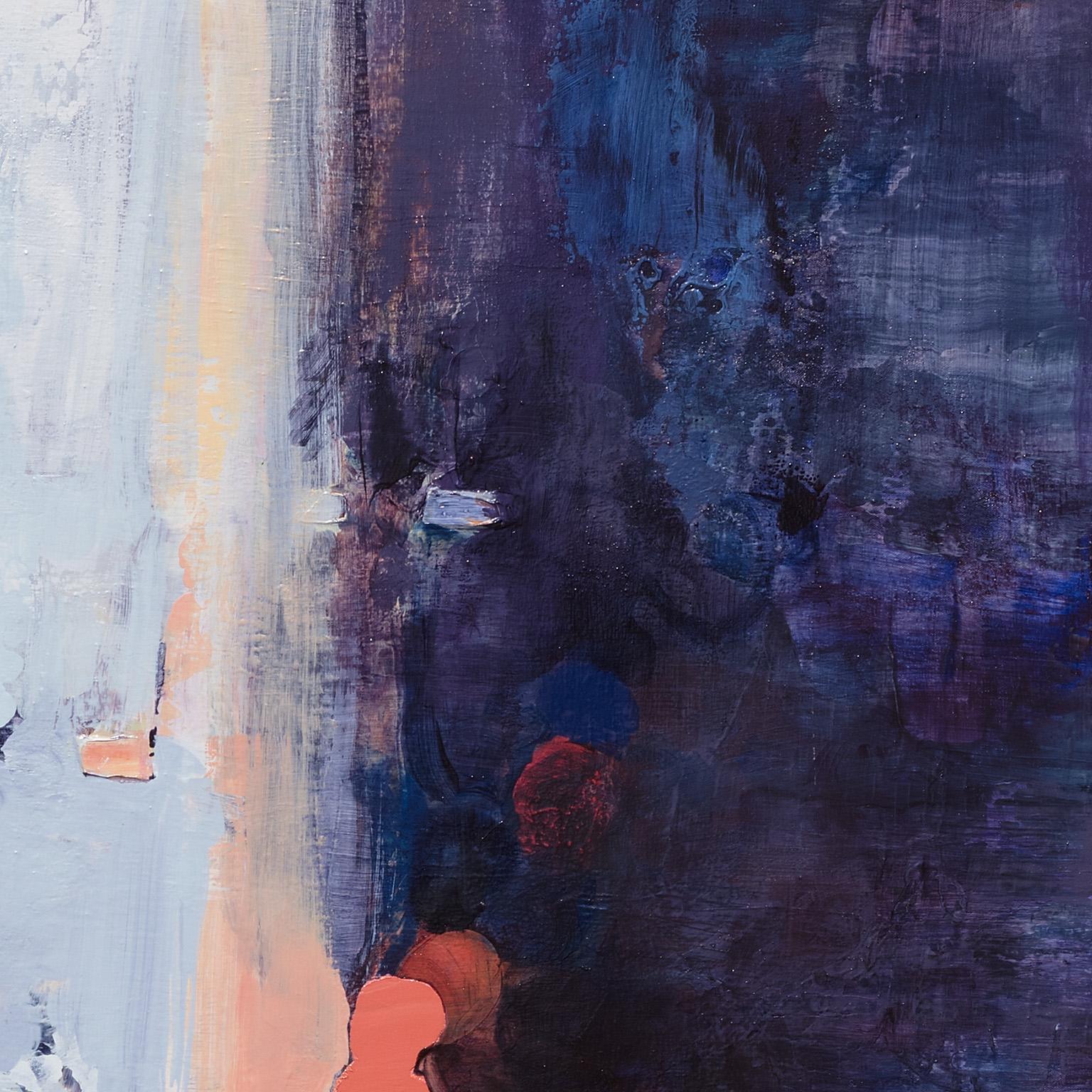 Anatomy of a Sunset - Grande peinture à l'huile abstraite d'un paysage en bleu en vente 1