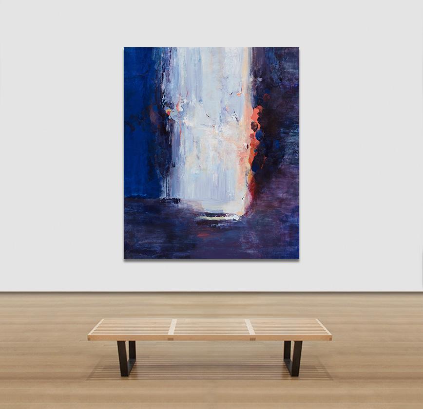 Anatomy of a Sunset - Grande peinture à l'huile abstraite d'un paysage en bleu en vente 2