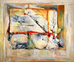 DETOUR - Large gestural abstract painting in red, cream, blue and green
