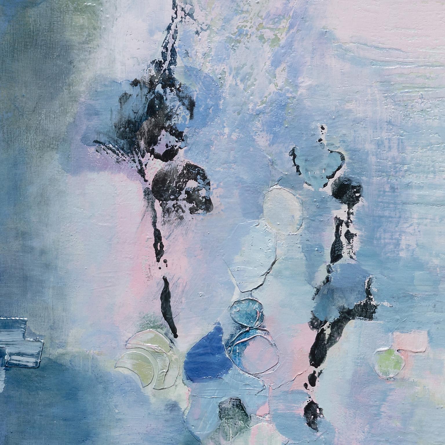 Dreams numériques - Huile sur toile - Couleurs pastel bleu, vert et rose - Abstrait Painting par Andrei Petrov