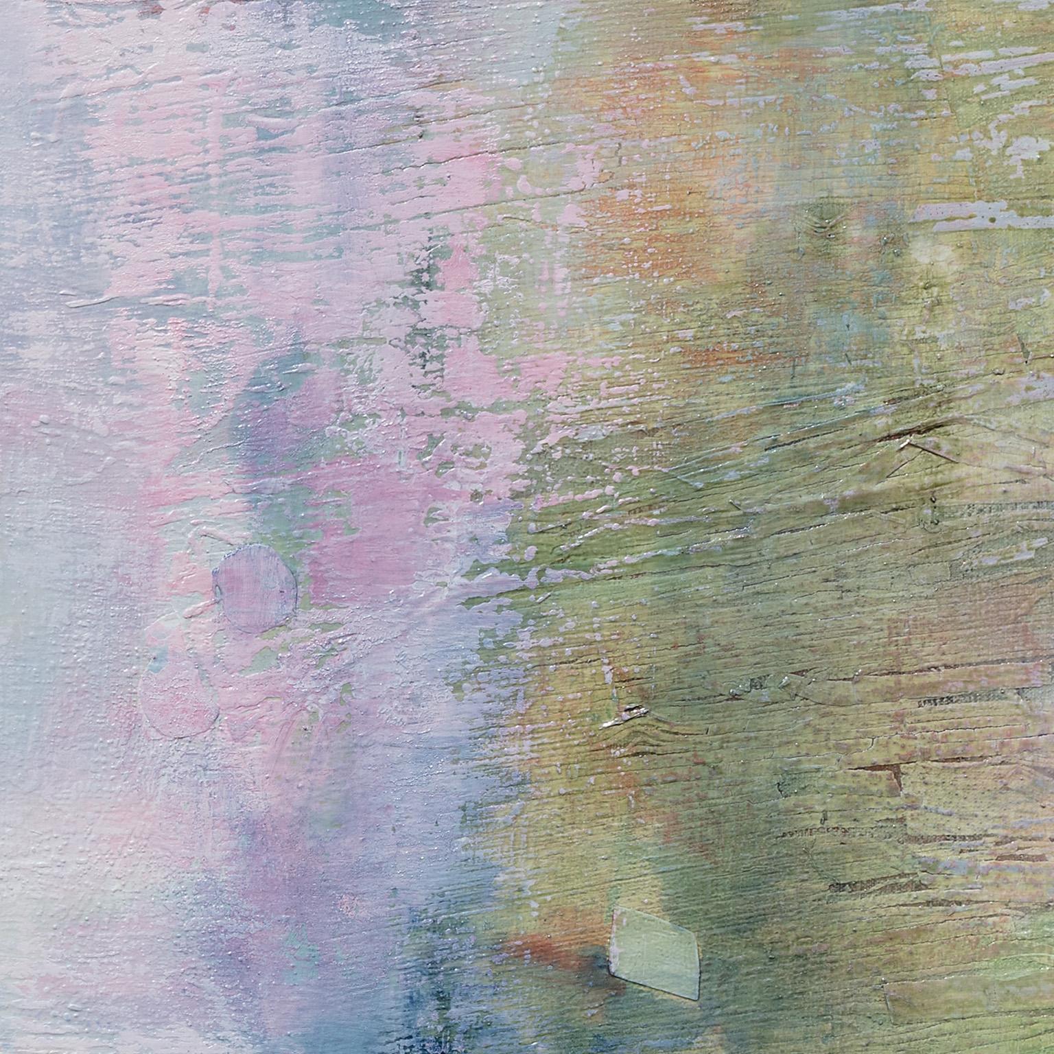 Dreams numériques - Huile sur toile - Couleurs pastel bleu, vert et rose - Gris Abstract Painting par Andrei Petrov