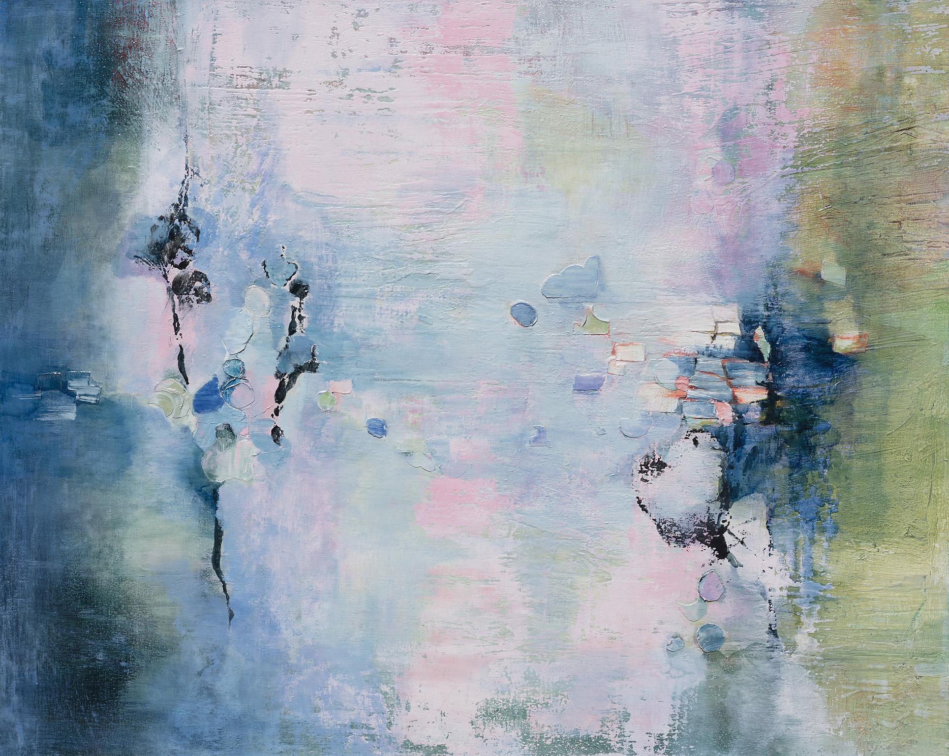 Abstract Painting Andrei Petrov - Dreams numériques - Huile sur toile - Couleurs pastel bleu, vert et rose