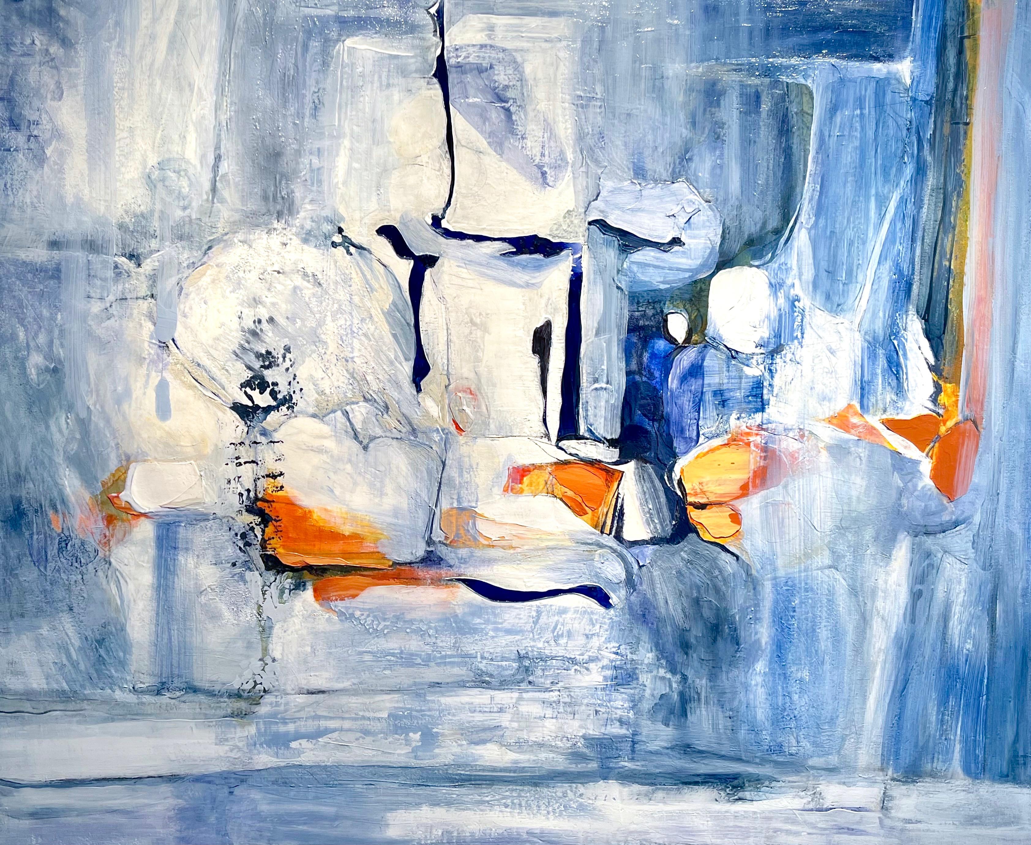 Andrei Petrov Figurative Painting - FAVORABLE CONDITIONS - Large abstract painting in marigold, white and blue