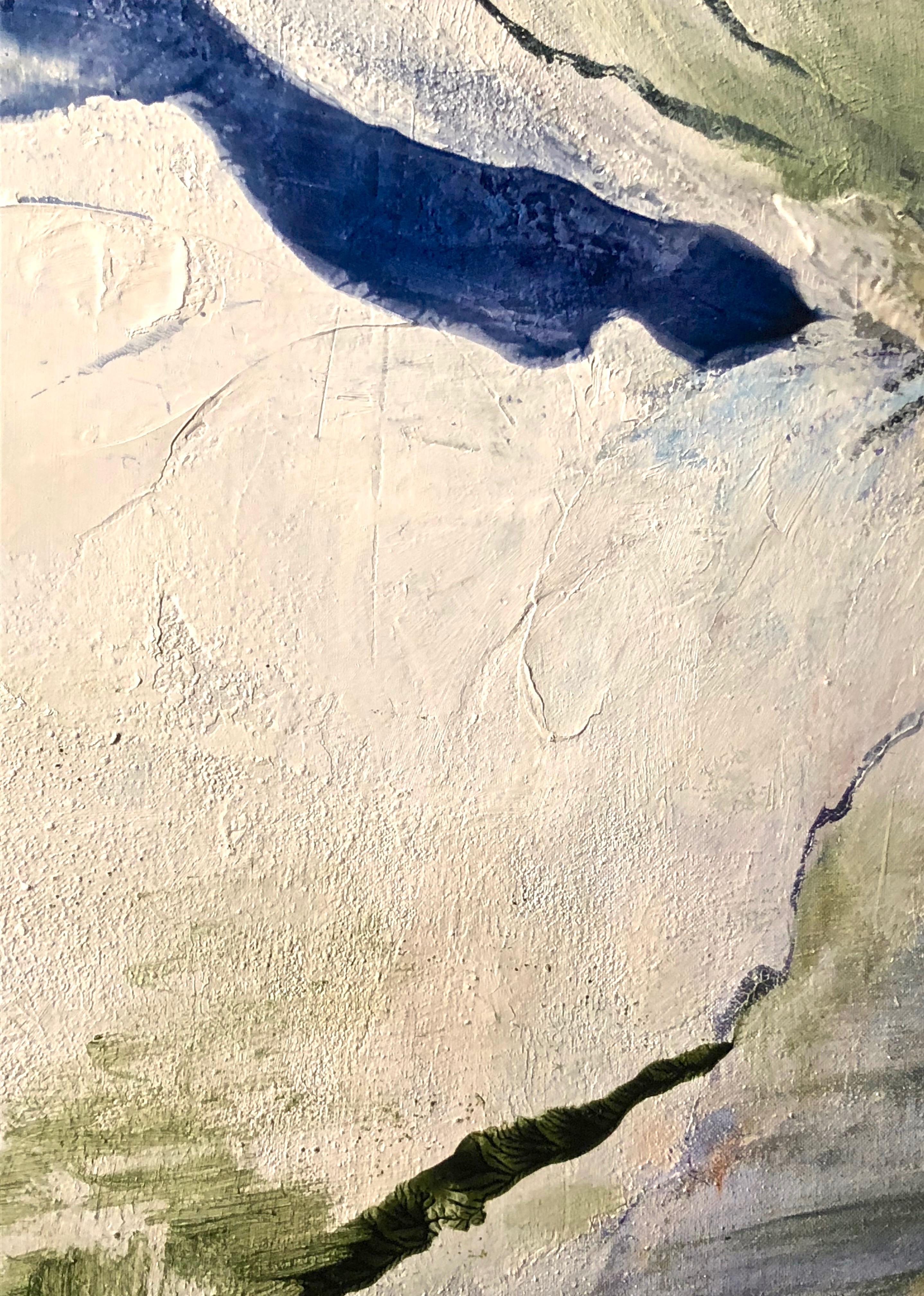 Artist: Andrei Petrov
Title: Flight Plan
Medium: Oil on canvas
Size: 30 x 60 inches 
A large horizontal painting on canvas with organic strokes of colors in sky/slate blues, Greens, and sea salt grays.

Andrei Petrov grew up in New York City and was