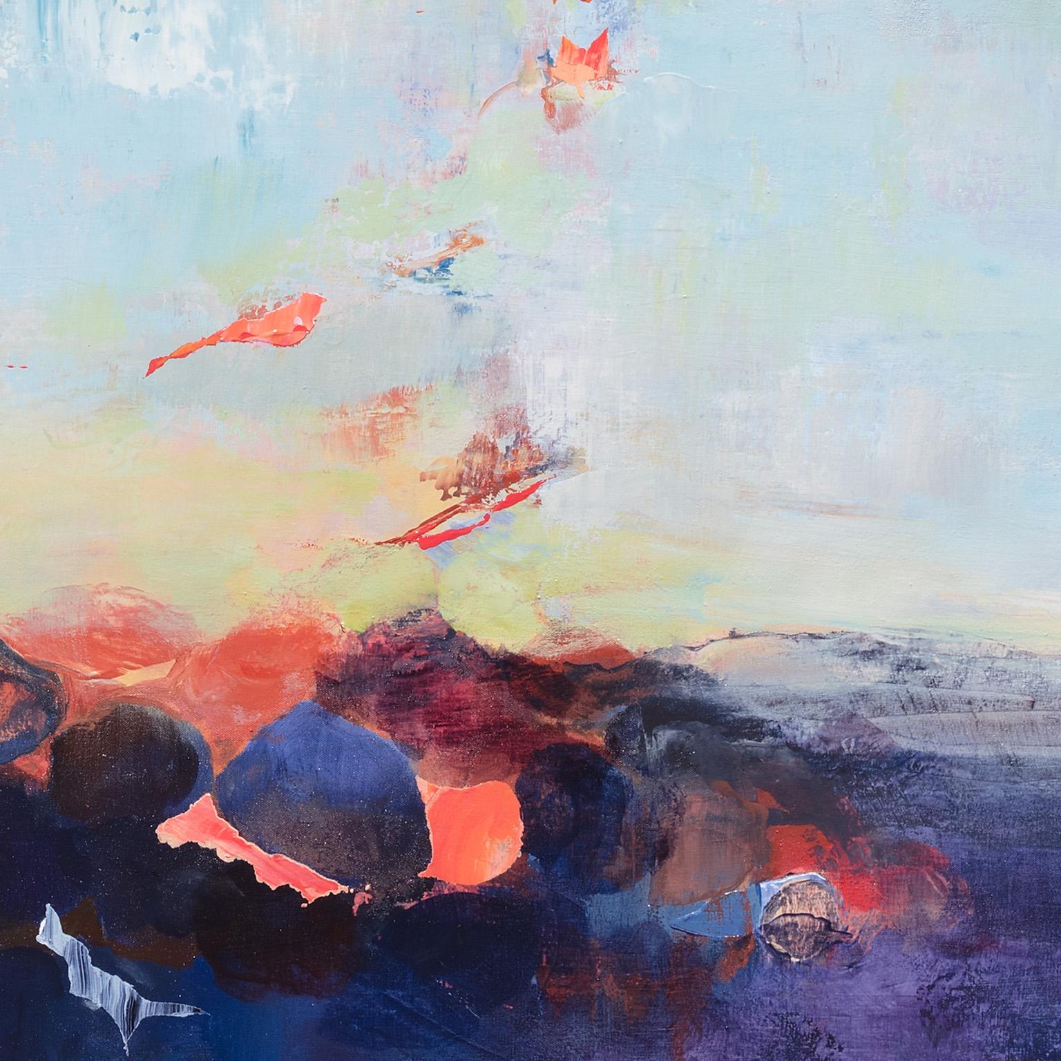 Heart of the Sunrise - Grande peinture gestuelle de paysage abstrait en bleu - Painting de Andrei Petrov