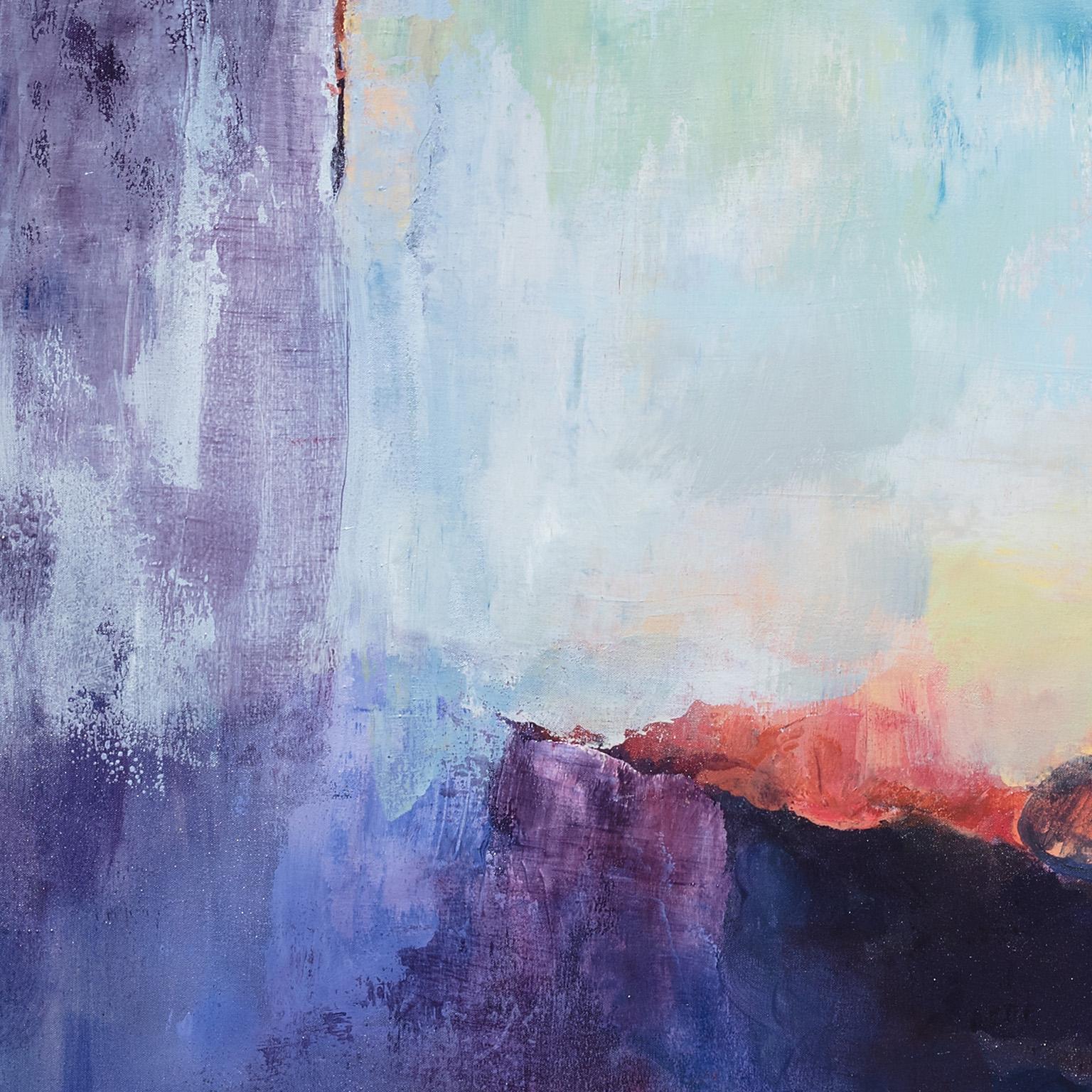 Heart of the Sunrise - Grande peinture gestuelle de paysage abstrait en bleu - Abstrait Painting par Andrei Petrov