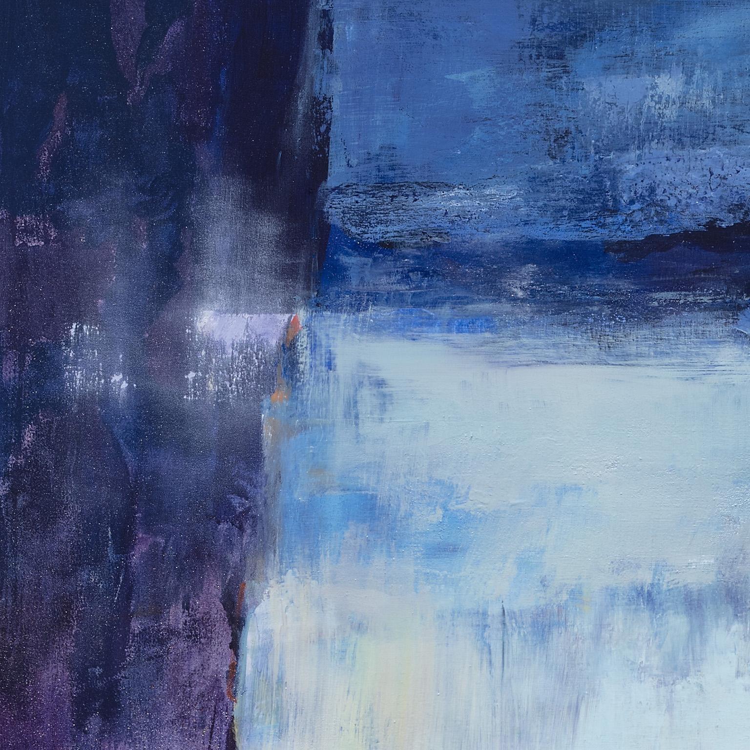 Heart of the Sunrise - Grande peinture gestuelle de paysage abstrait en bleu en vente 1