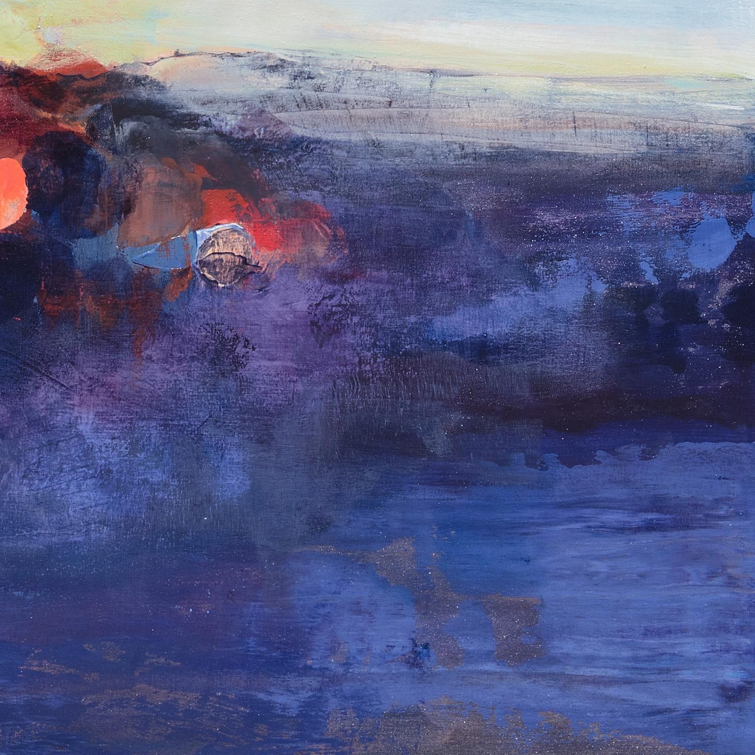 Heart of the Sunrise - Grande peinture gestuelle de paysage abstrait en bleu en vente 2