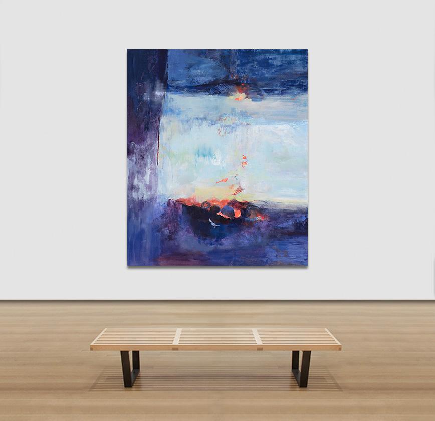 Heart of the Sunrise - Grande peinture gestuelle de paysage abstrait en bleu en vente 3
