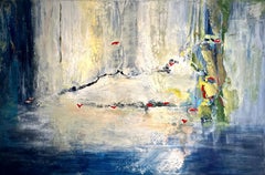 ON THE WING - Large gestural abstract painting in shades of blue