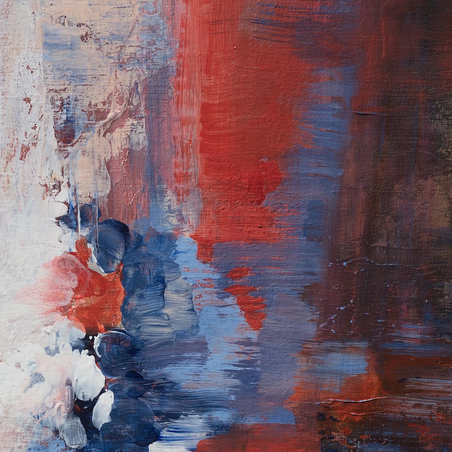 Réponse rapide - Peinture de paysage abstrait horizontale rouge et bleu - Marron Abstract Painting par Andrei Petrov