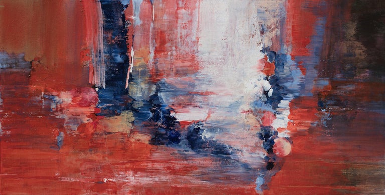 Andrei Petrov Abstract Painting - Rapid Response - Horizontal Abstract Landscape Painting in Red and Blue