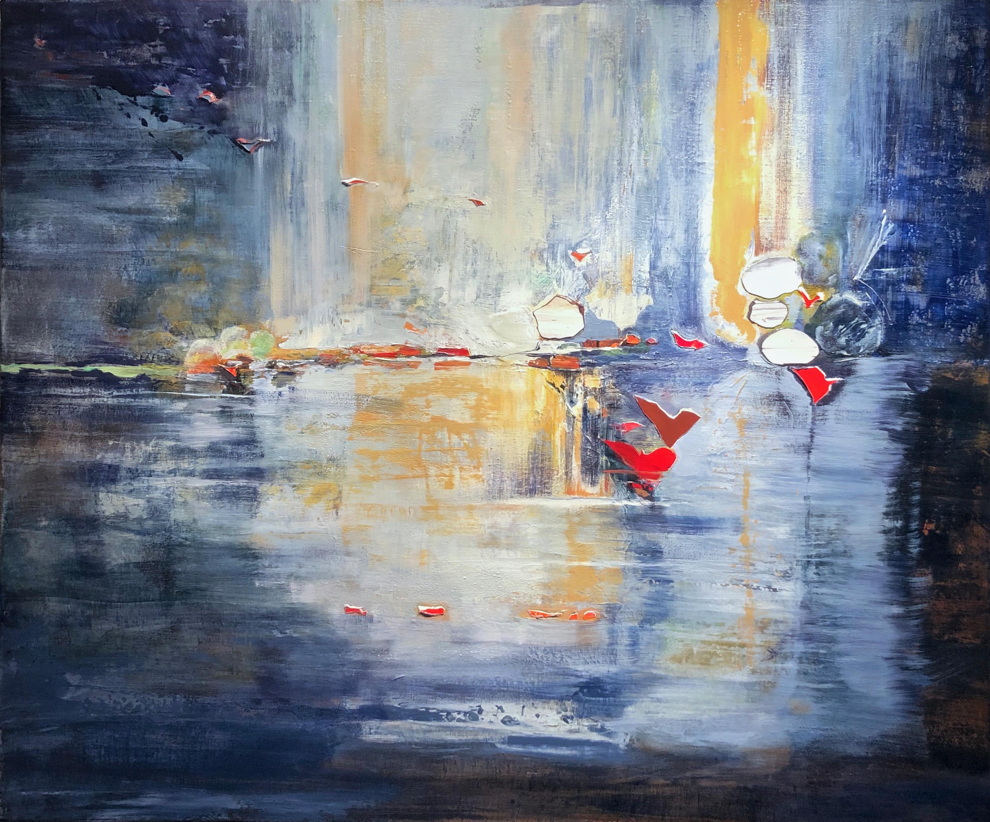 Andrei Petrov Figurative Painting - SANCTUARY - Large gestural abstract painting in shades of blue