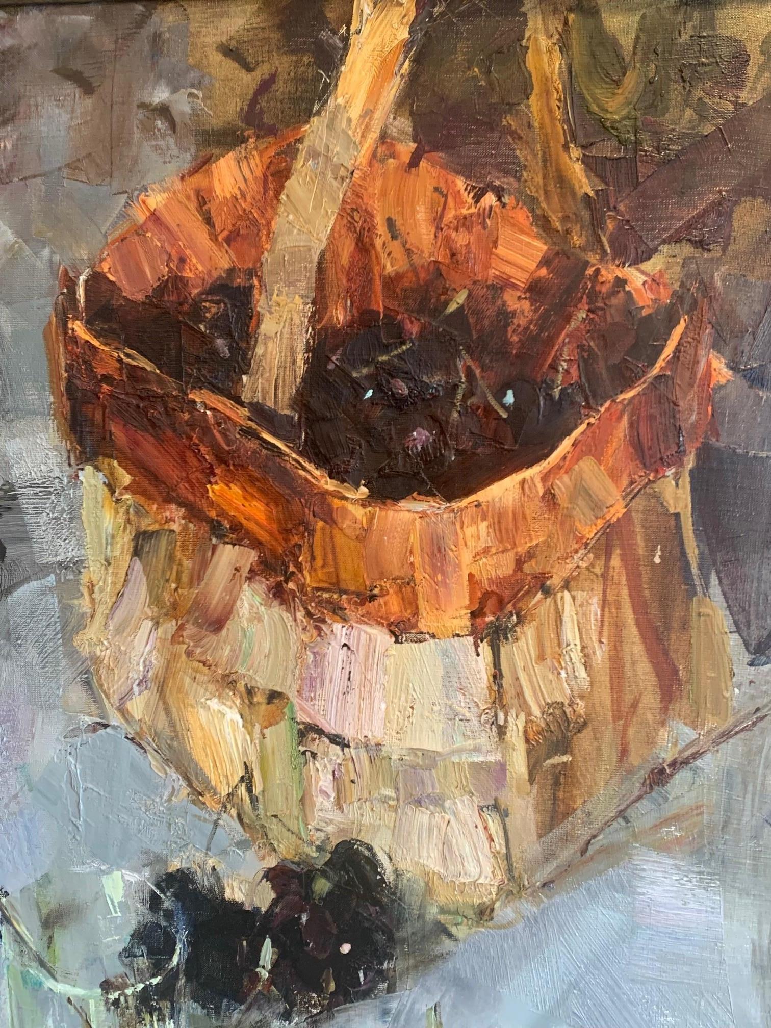 Black Cherries and a Basket - Impressionist Painting by Andrei Selenin