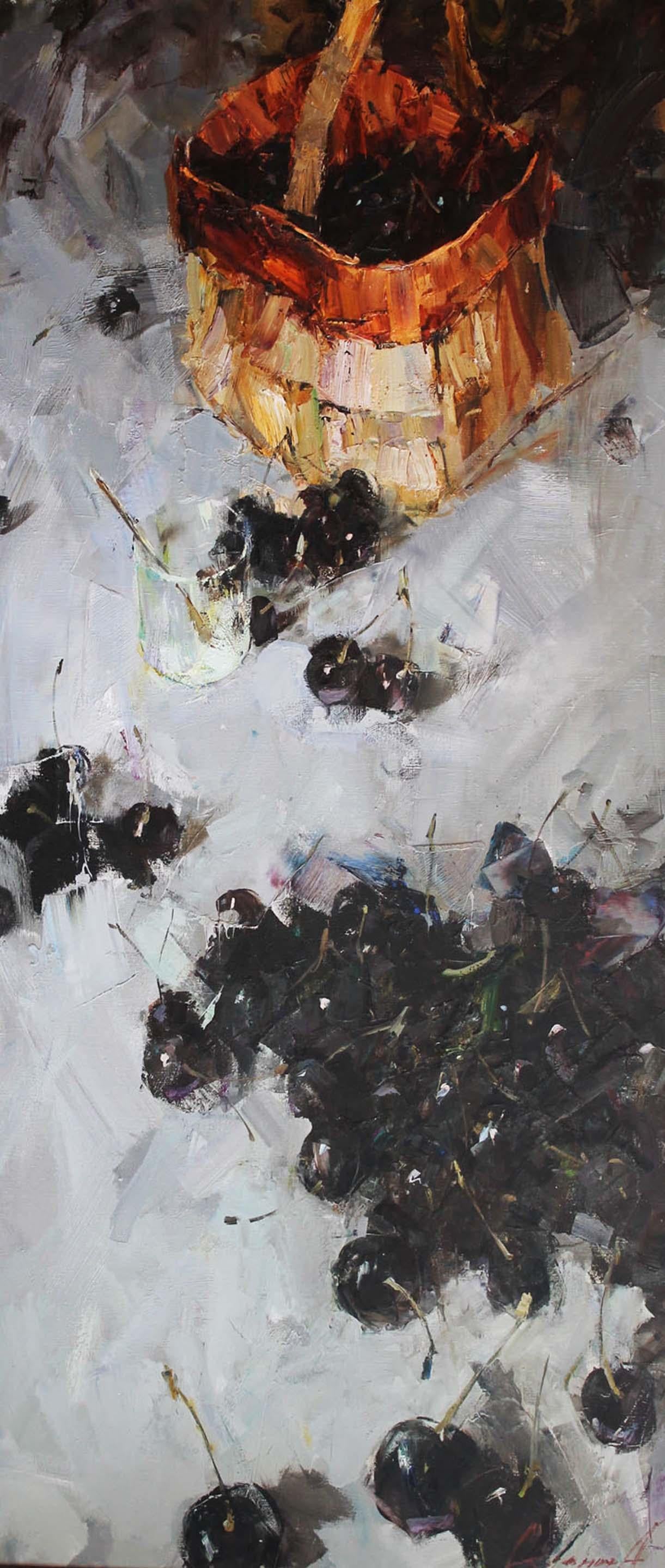 Andrei Selenin Still-Life Painting – Schwarze Kirschen und ein Korb