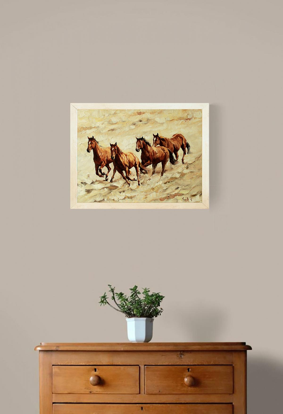Modern, expressive landscape. Running, speed, wind, inner freedom. It's all about horses. Sometimes you want to feel as free and light as the wind.
• It is painted on a professional canvas with high quality oil paints.
• The painting is framed.