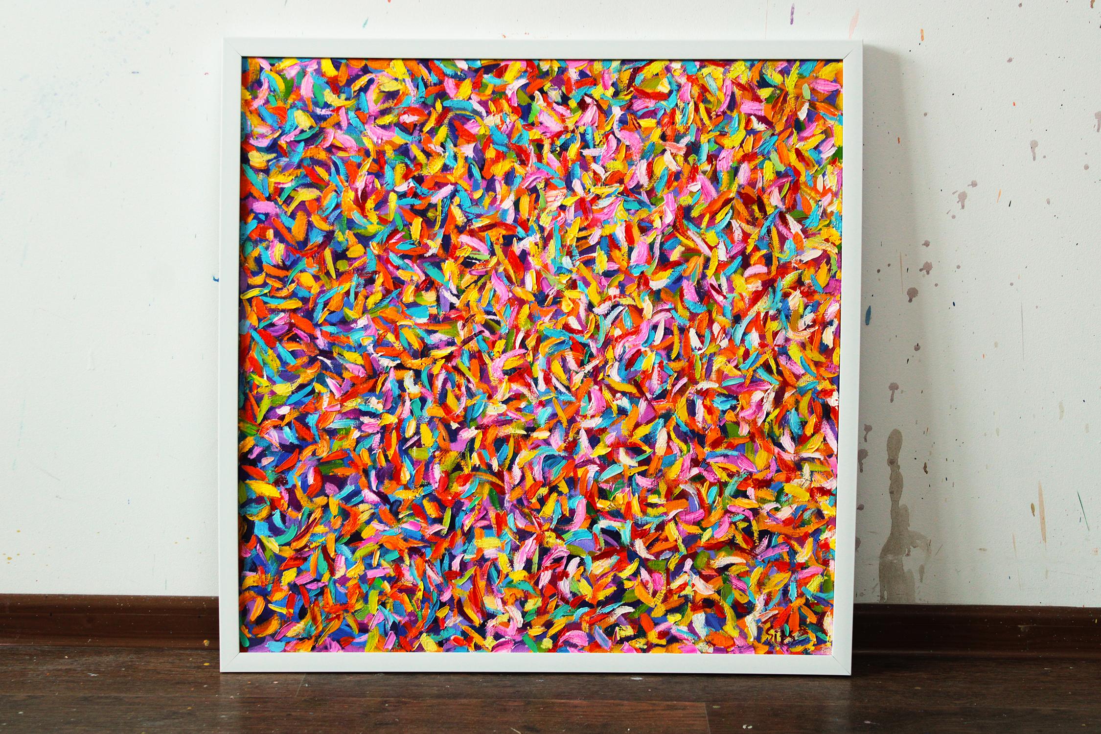Zusammenfassung. Der Garten XV
Originalgemälde, inspiriert von sommerlichen Gefühlen, Andrei Sitsko hat ein Bild mit grünen, gelben, orangefarbenen, roten, magentafarbenen, rosa, blauen sowie weißen Farben auf seiner Palette gemalt, das einen