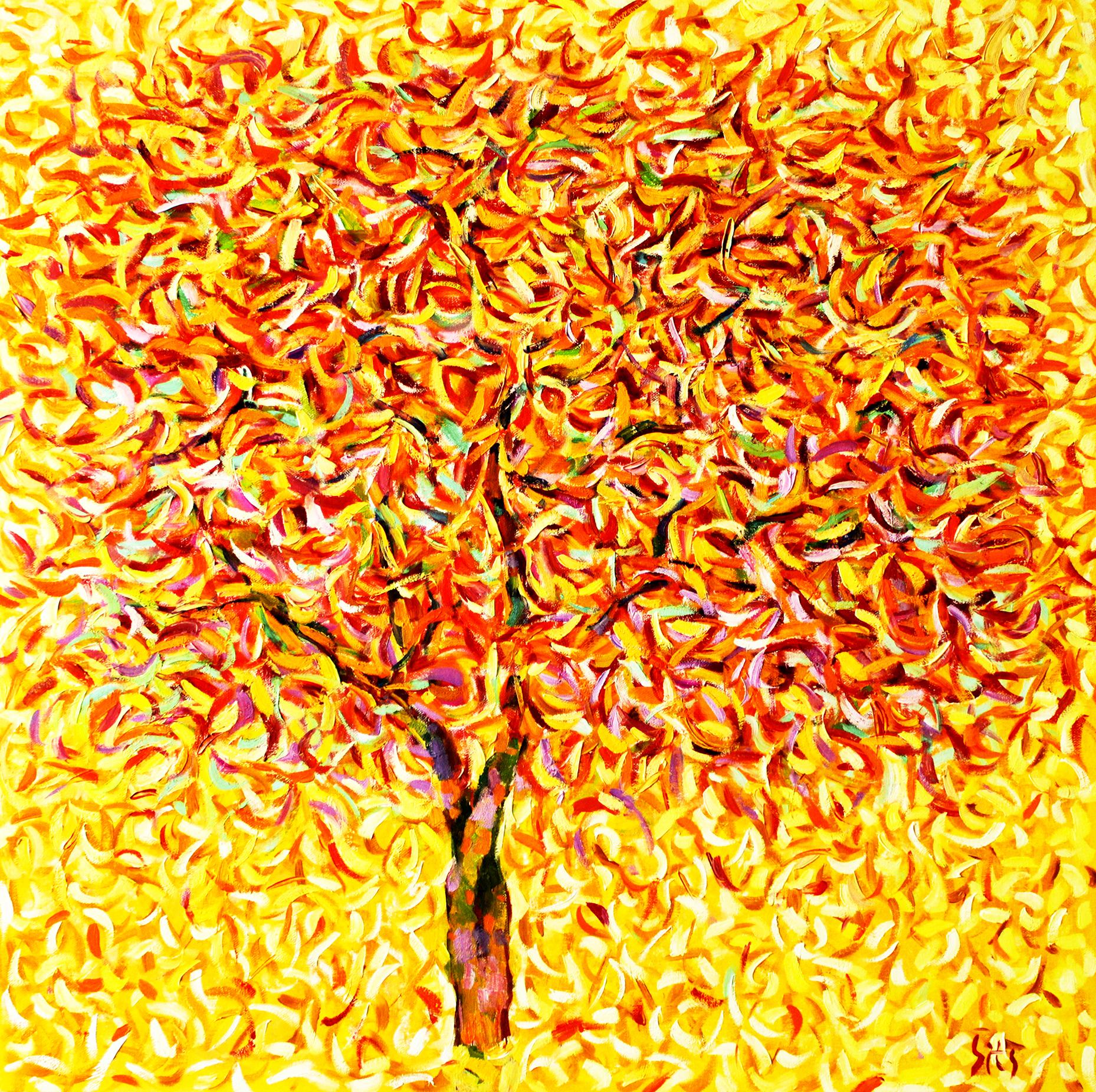 Nel creare quest'opera d'arte, ho cercato di catturare l'essenza vibrante e mutevole della natura. Utilizzando colori a olio, ho stratificato tonalità vivaci di rossi, arancioni e gialli in una forma astratta per raffigurare non solo un albero, ma