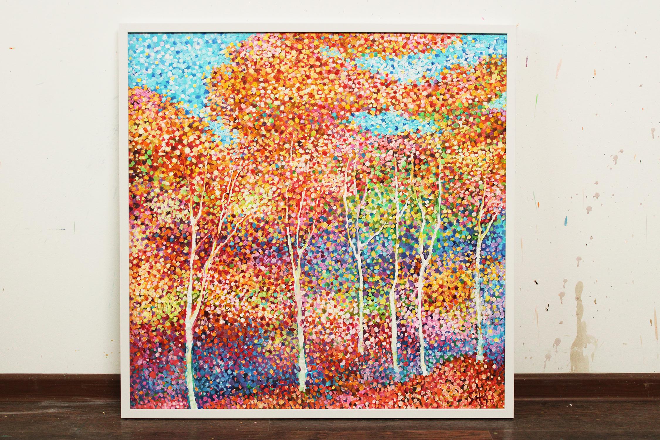 In questo dipinto a olio dalla texture vibrante, esploro l'essenza gioiosa dello splendore dell'autunno. Ogni pennellata rappresenta una gioiosa danza di foglie che volteggiano nell'aria frizzante, incarnando il calore e l'energia trasformativa