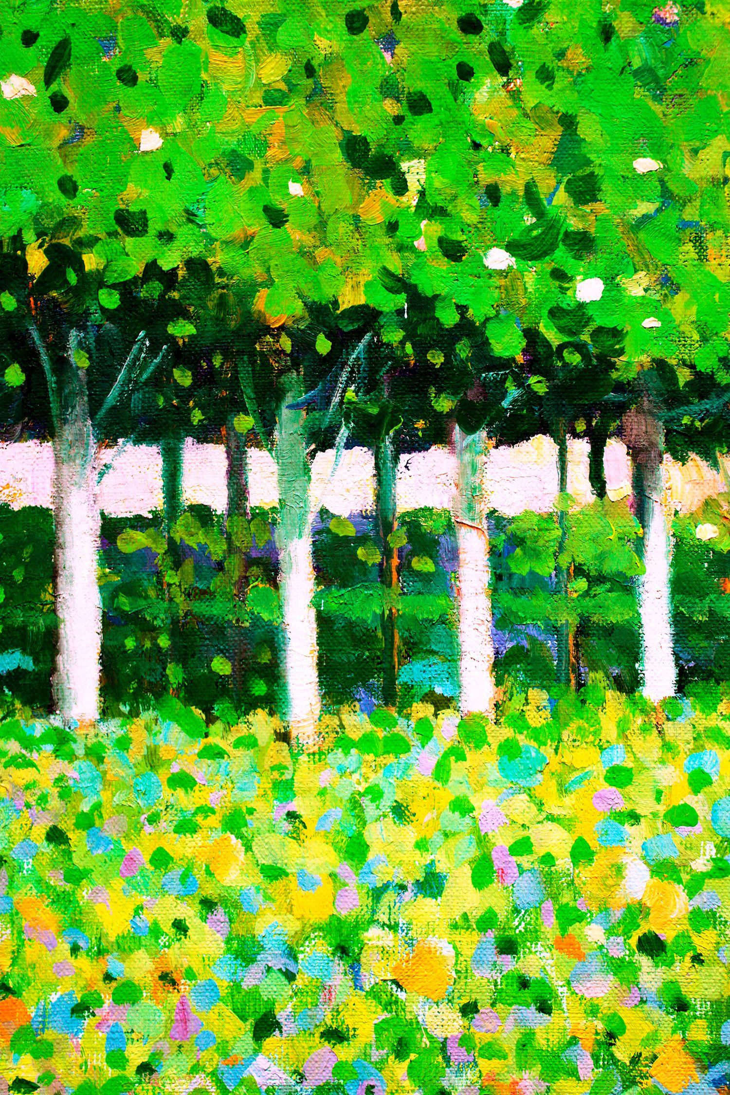 Paesaggio estivo: una celebrazione di fiori ed erbe luminose in una giornata estiva crea un'atmosfera di relax, armonia e Bliss. I colori verde (erba), giallo (sole) e blu dominano l'opera. Il quadro è dipinto con la tecnica del puntinismo.