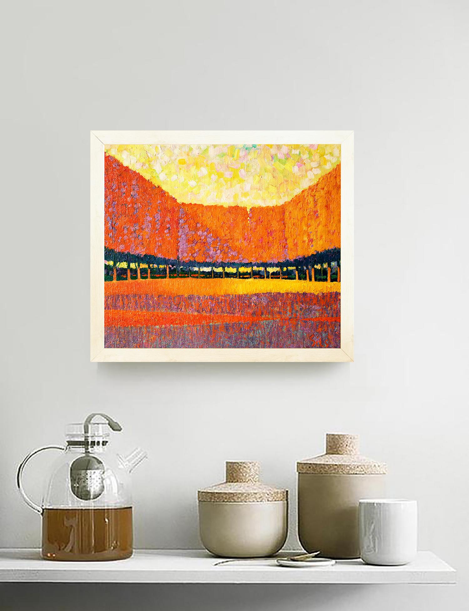 Moderne, ausdrucksstarke Herbstlandschaft. Herbsttag im Stadtpark. Eine ruhige Ecke im Stadtzentrum. Die leuchtenden Farben der Abendsonne. Die Farben Orange, Violett und Gelb dominieren das Werk.
- • Es ist mit hochwertigen Ölfarben auf Leinwand