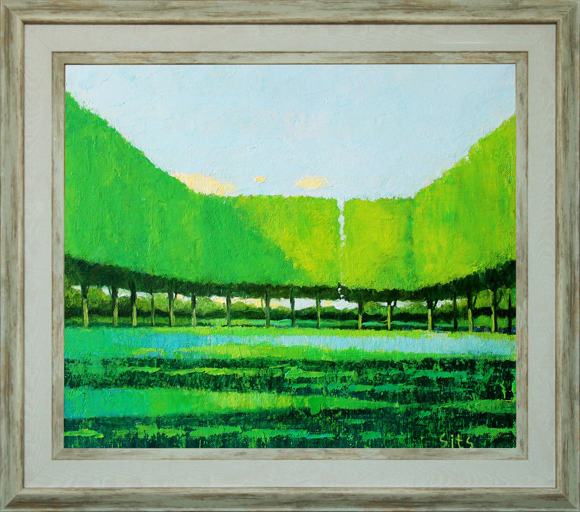 Modern, expressive summer landscape. Summer day in the city park. A quiet corner in the city center. (Grass) green, blue colors dominate the work.
• It is painted on canvas with high quality oil paints.
• The painting is framed. Ready to hang
•
