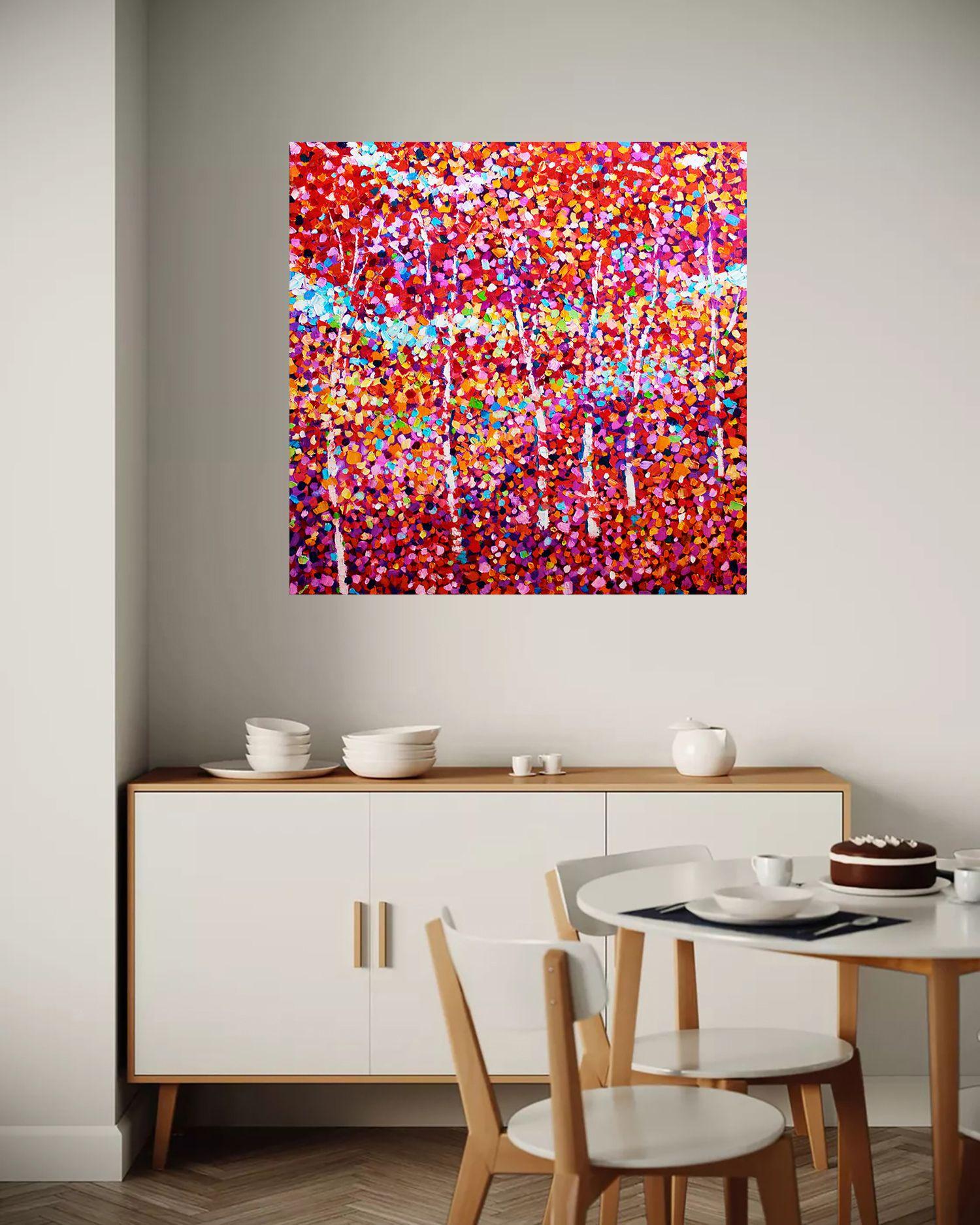 In dieser lebhaften Eruption von Farben fängt mein Ölgemälde die chaotische Schönheit der Spontaneität der Natur ein. Dieses expressionistische Werk zielt darauf ab, emotionale Resonanz hervorzurufen und spiegelt die unvorhersehbaren und doch