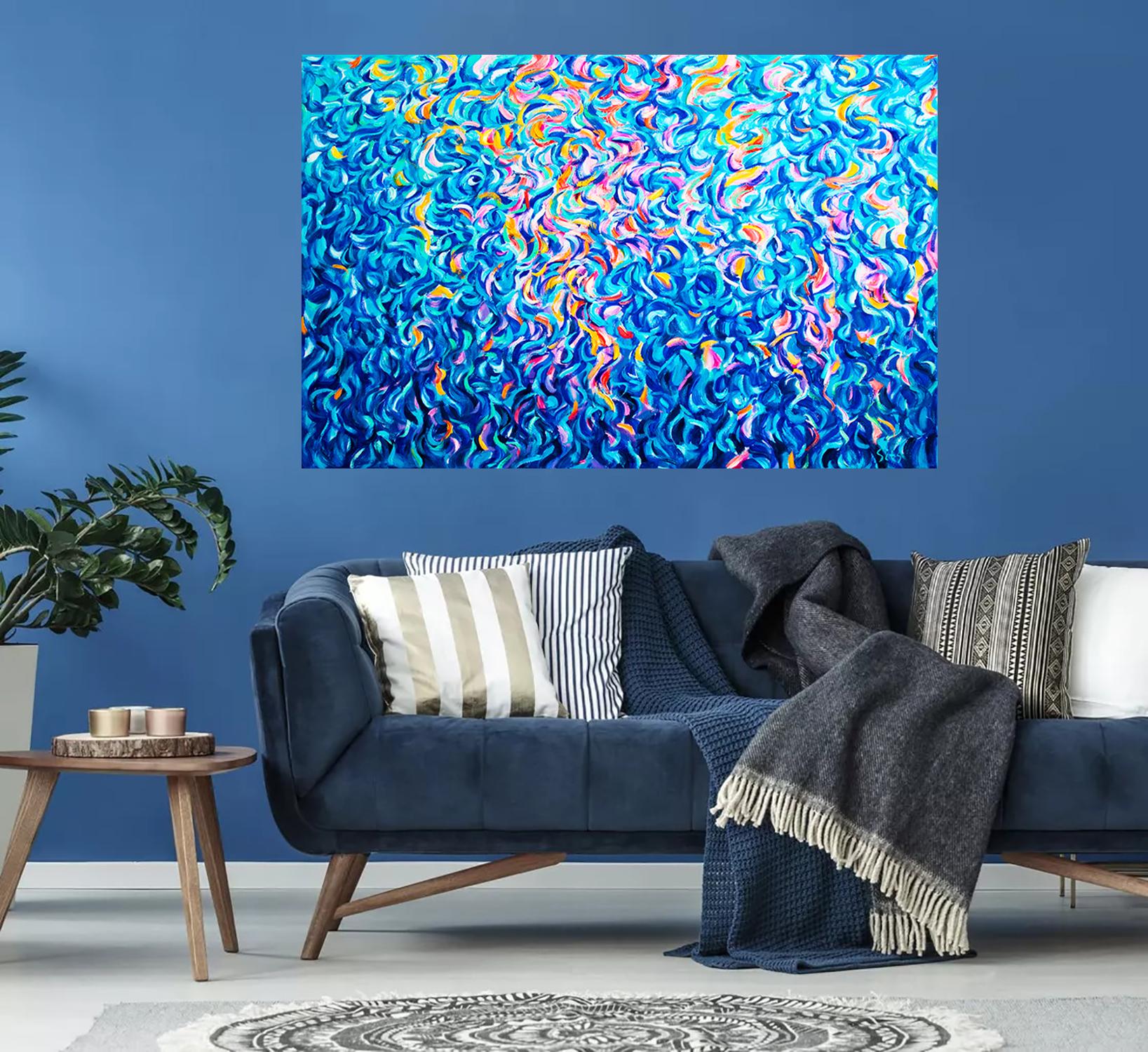 Evening lights. Lago di Garda. Italy. - Blue Abstract Painting by Andrei Sitsko