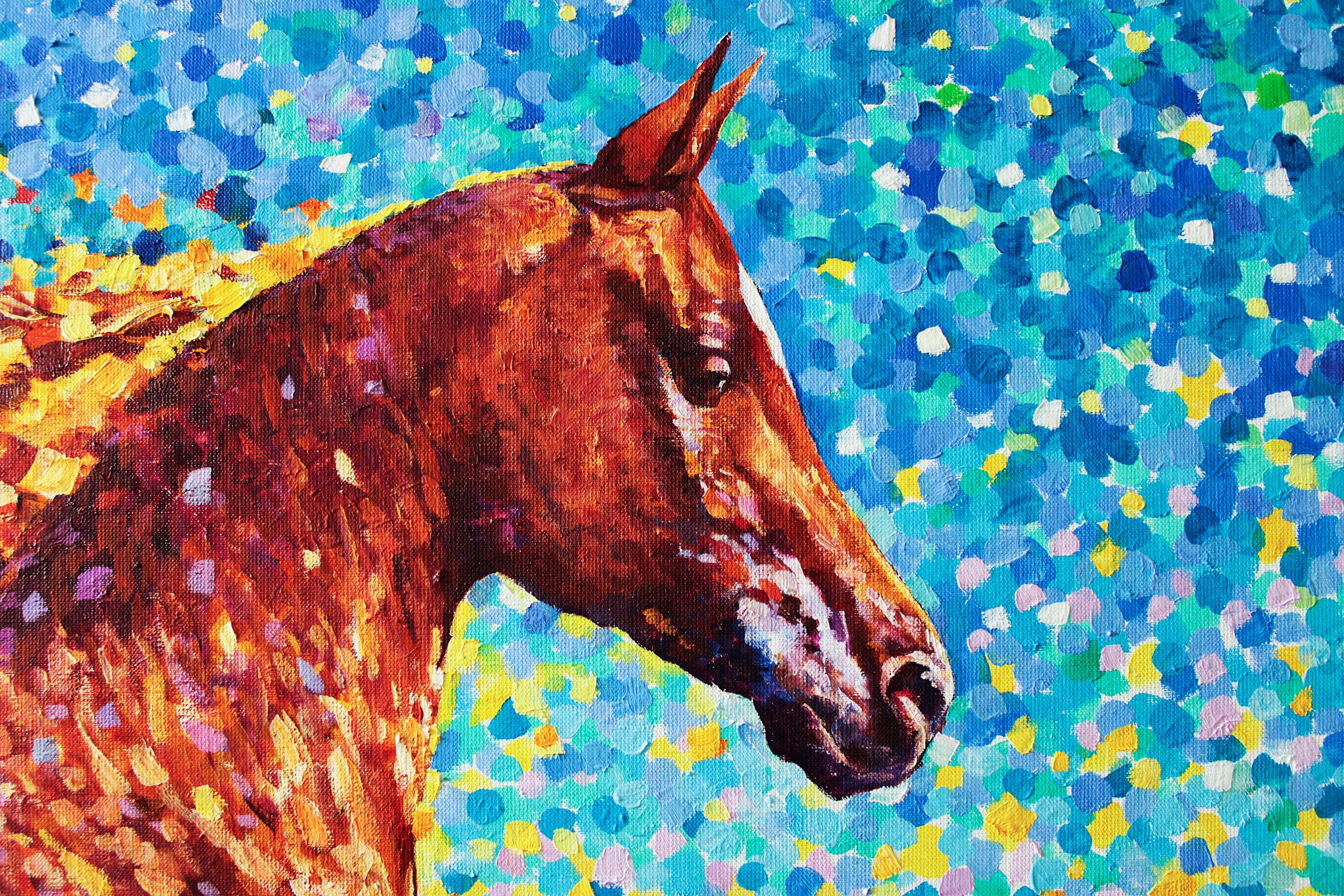 In questo dipinto ho cercato di catturare lo spirito di libertà e l'essenza della vitalità. Il cavallo simboleggia il movimento disinibito, la sua forma emerge da una danza di colori che evocano i toni terrosi della natura e il luccichio