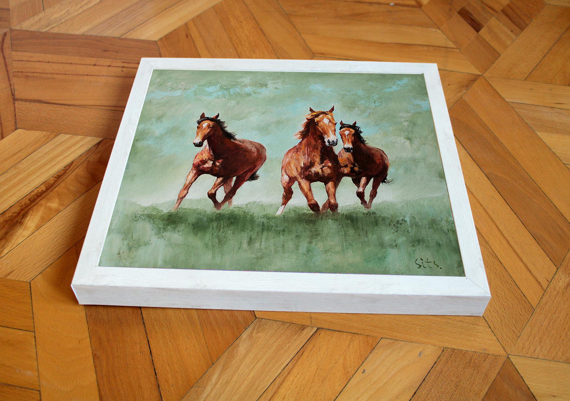 Cool blue and green colors create a special atmosphere of freshness. Running horses. Fresh wind after a summer rain. Impressions of rural nature. The painting was painted in restrained tones. Minimalist style or Scandinavian style.
• It is painted