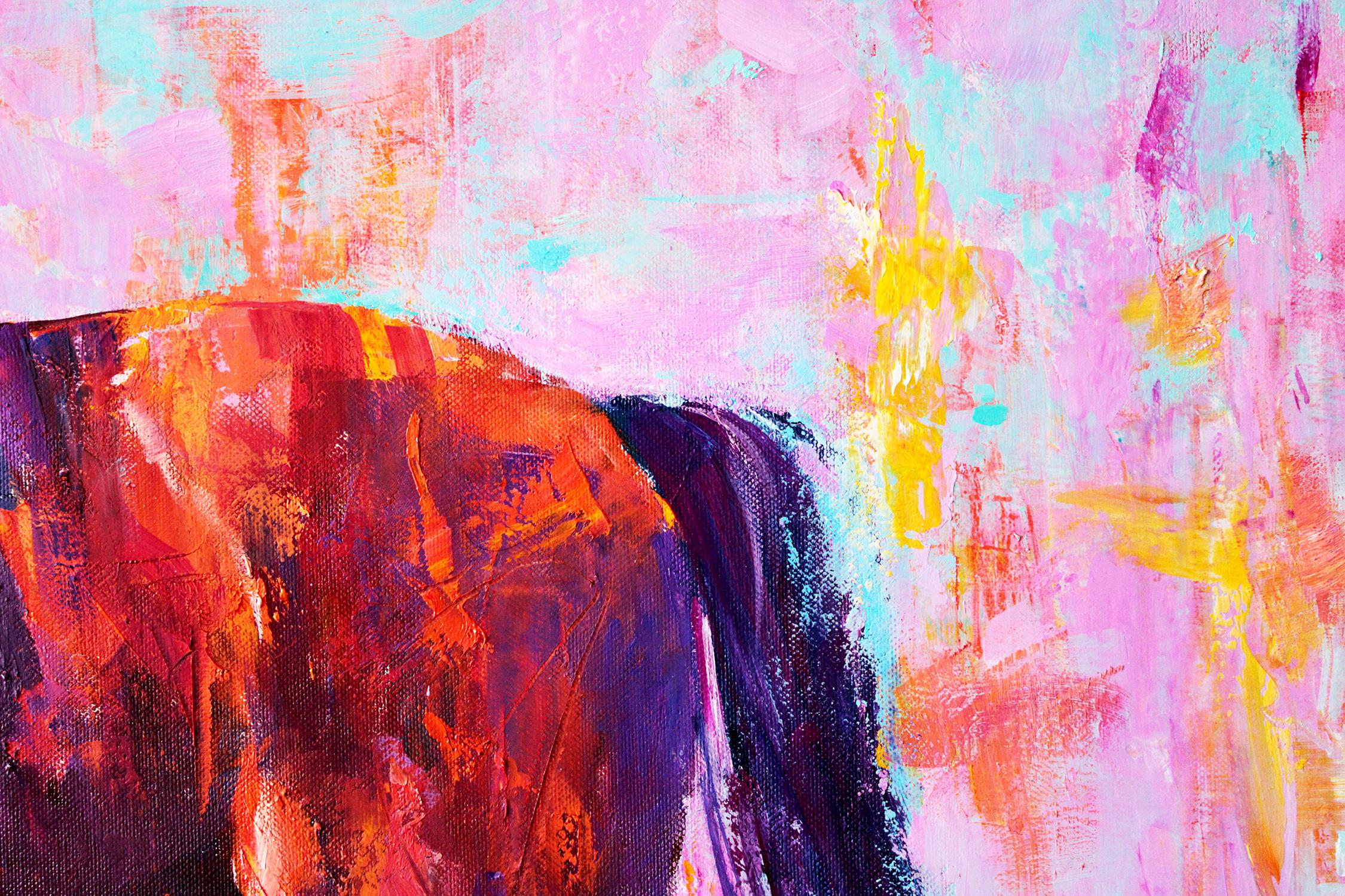 In questo dipinto ho catturato le dinamiche aggraziate del rapporto tra cavaliere e cavallo con pennellate calde ed espressive. Lo sfondo luminoso, che brilla di colori rosa e smeraldo, simboleggia il fervore e la passione, creando un'atmosfera