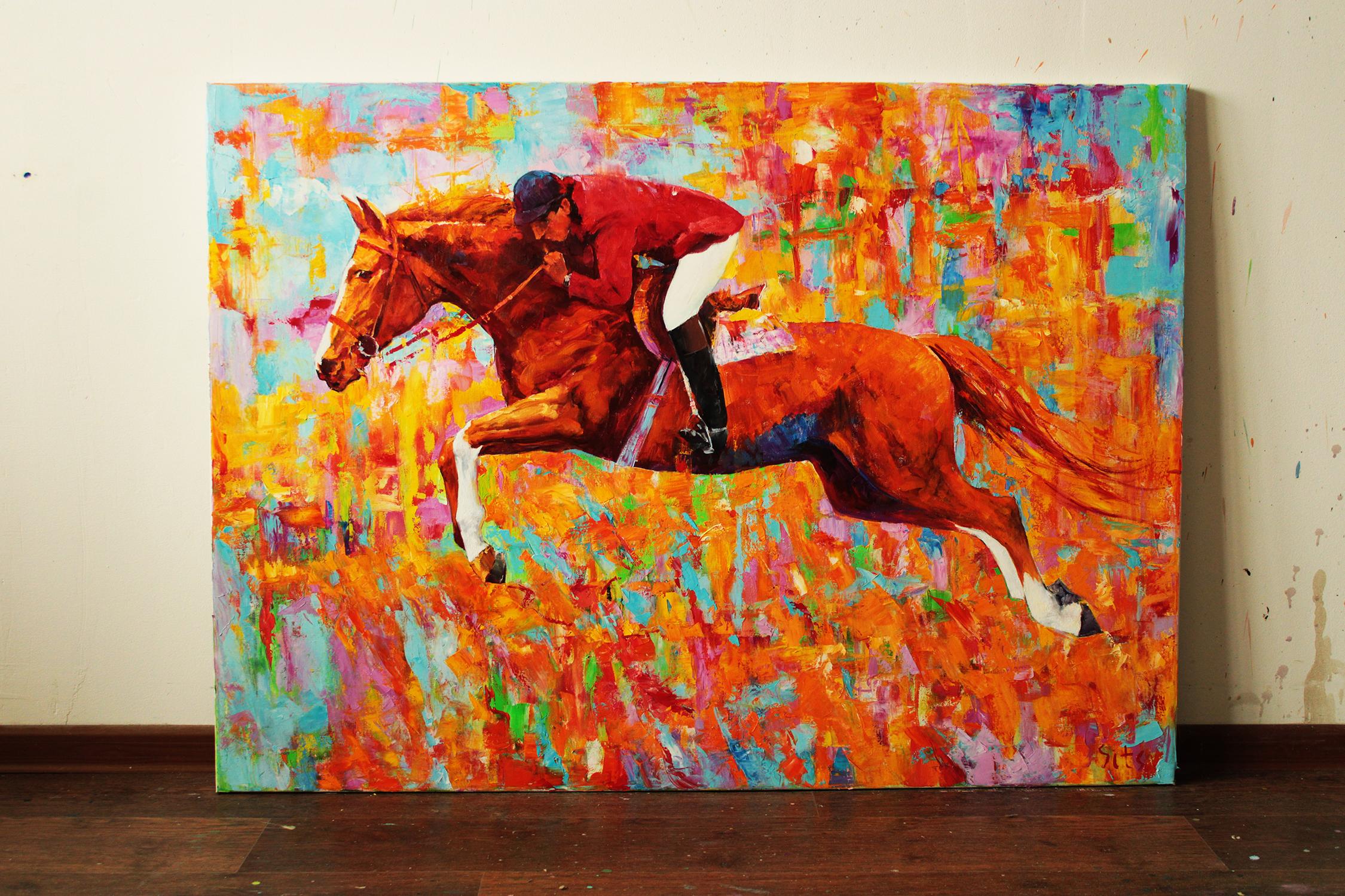 In questa vibrante creazione ho sfruttato la potenza e il ritmo di un cavallo al galoppo, raffigurato in un caleidoscopio di arance infuocate, rossi vividi e gialli pulsanti. L'espressionismo fluido e la tavolozza audace esprimono sia il movimento
