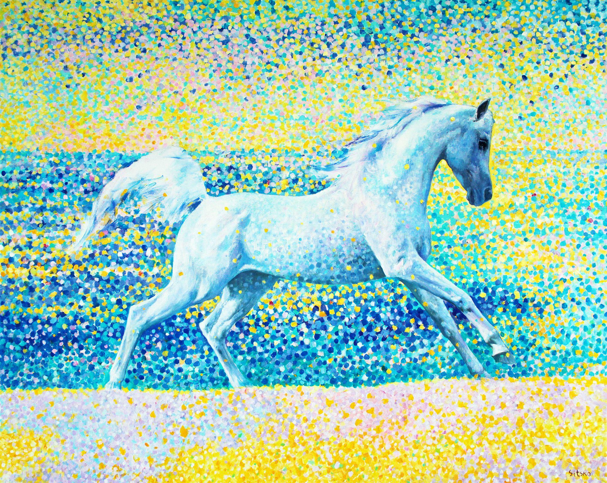 Sun splashes. Golden sand series.   The sea, the sky, the splashes of waves, a sunny day and an Arabian horse. Harmony in the soul and harmony in nature.  Modern, expressive summer landscape as a semi abstract landscape painting.   Yellow, blue and