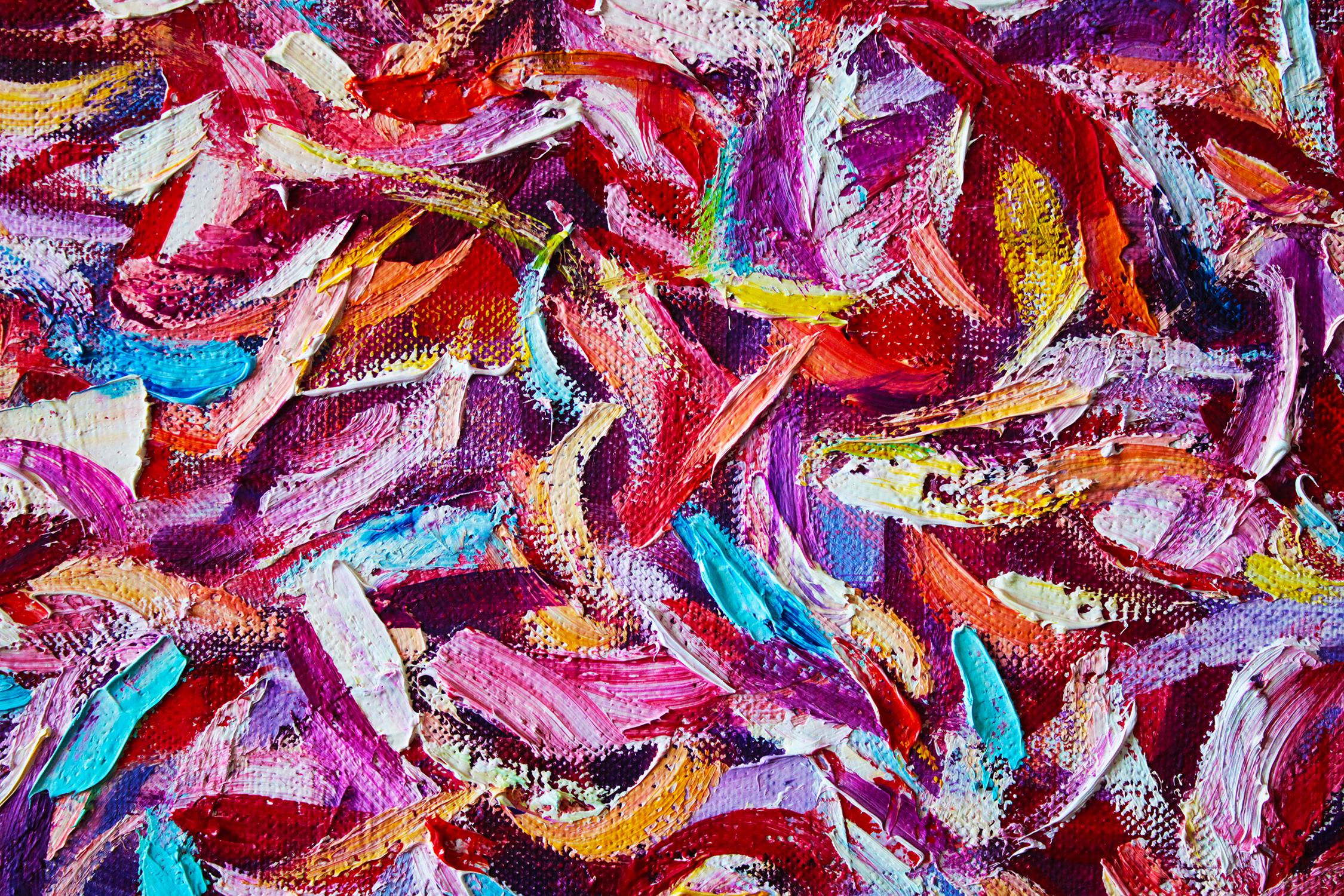 Every brush stroke is a whisper of emotion, evidence of the unbridled vitality of nature. This is an abstract celebration designed to fill the space with life, movement and a kaleidoscope of shades reminiscent of the wild beauty of a blooming