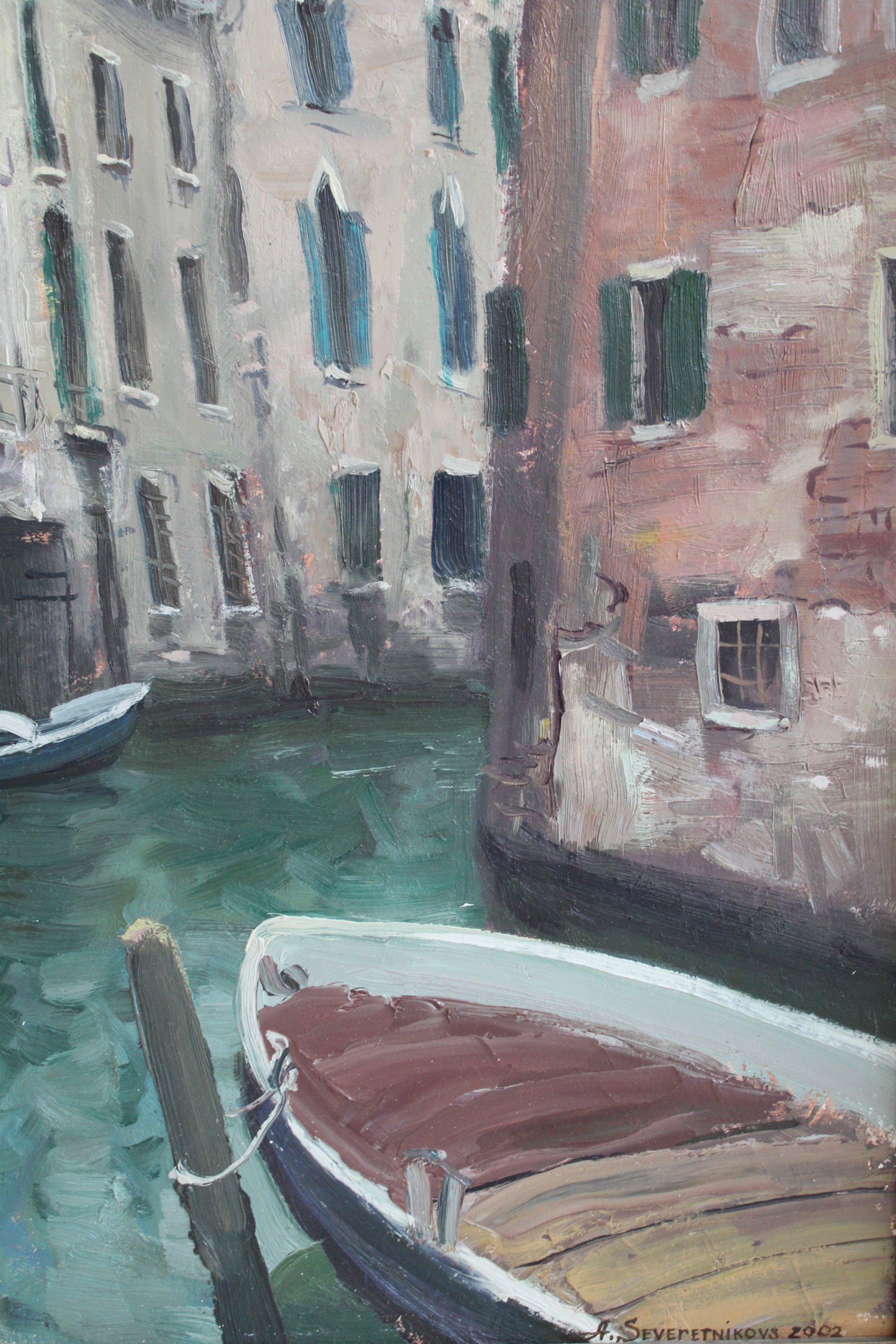 Venise, huile/carton, 76x60 cm, 2002 - Gris Landscape Painting par Andrejs Severetnikovs 