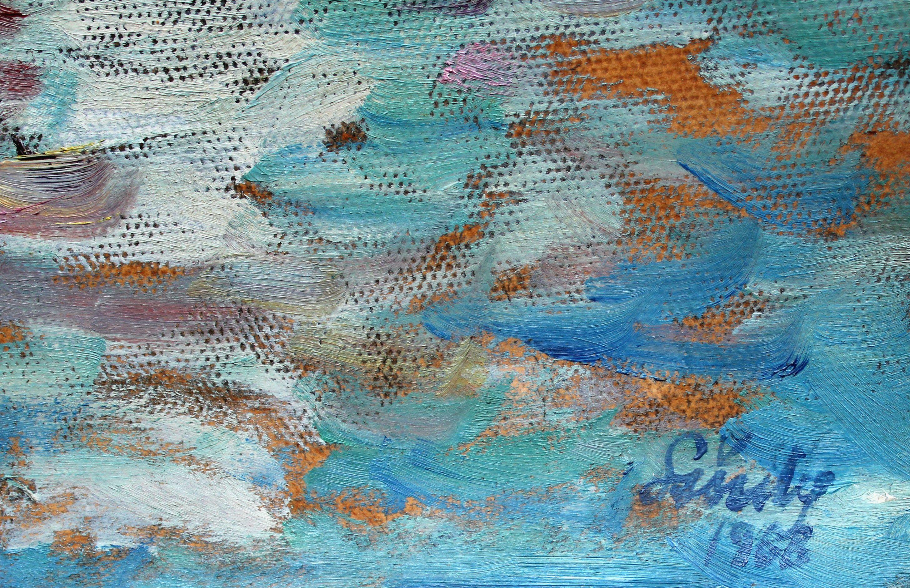 Lielupe. 1980. Cardboard, oil. 51x66 cm - Gray Landscape Painting by Andrejs Shulcs