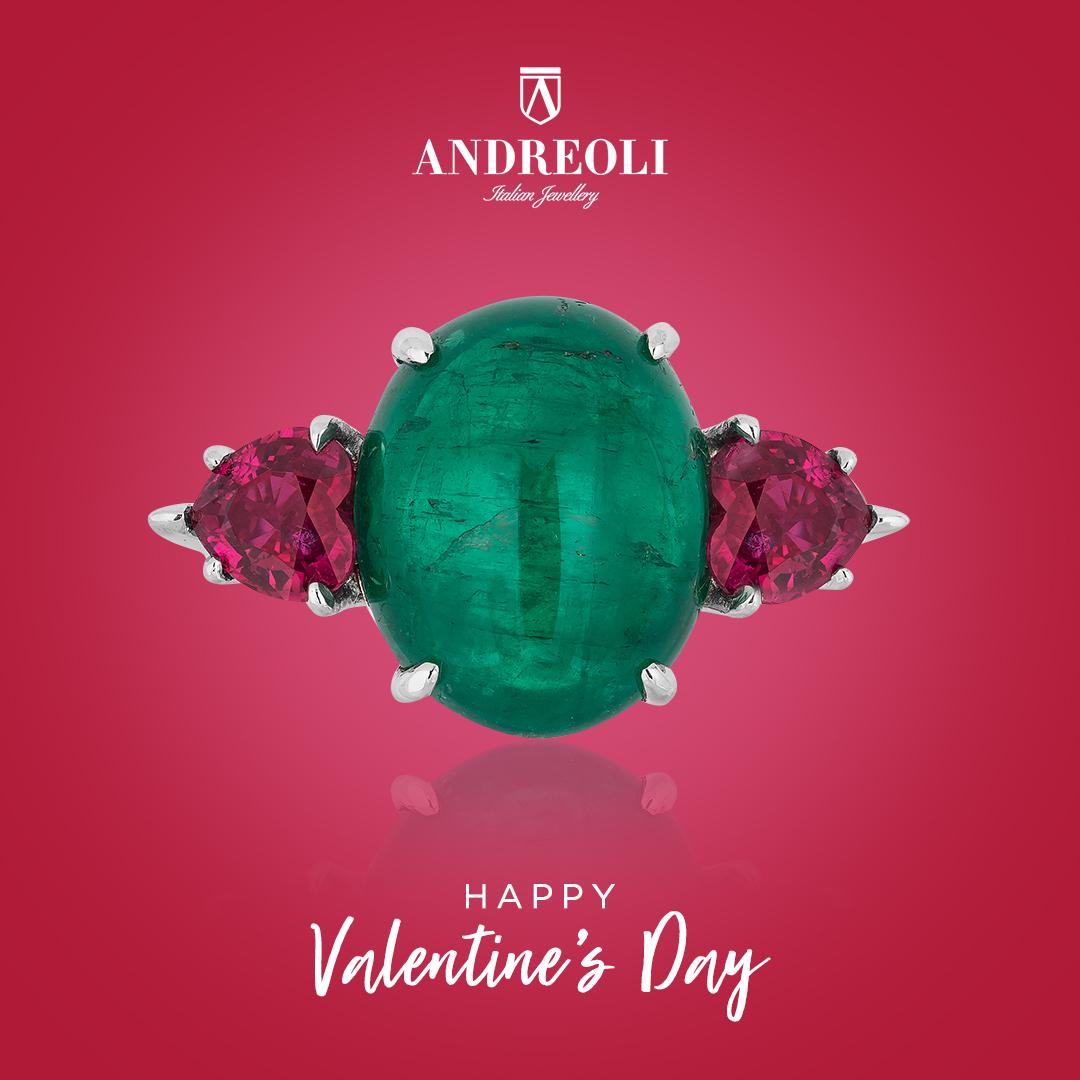 Andreoli 12.16 Carat Cabochon Colombian Emerald and Ruby Ring Platinum CDC Cert In New Condition For Sale In New York, NY
