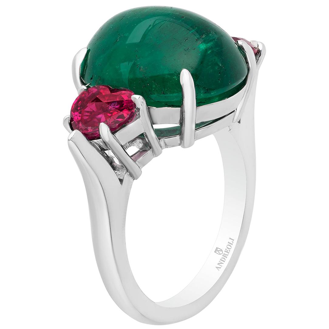 Andreoli 12.16 Carat Cabochon Colombian Emerald and Ruby Ring Platinum CDC Cert For Sale