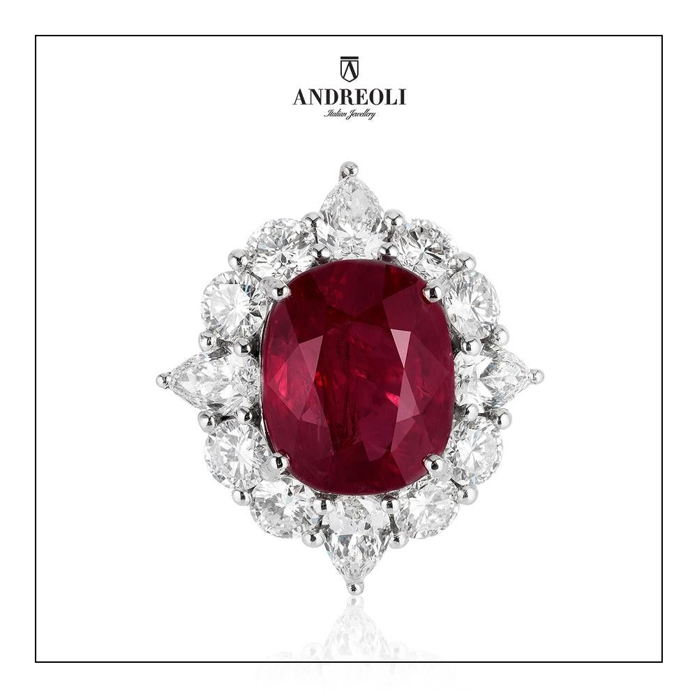 Cushion Cut Andreoli 13.57 Carat Mozambique Ruby Diamond 18 Karat Platinum Ring Certified