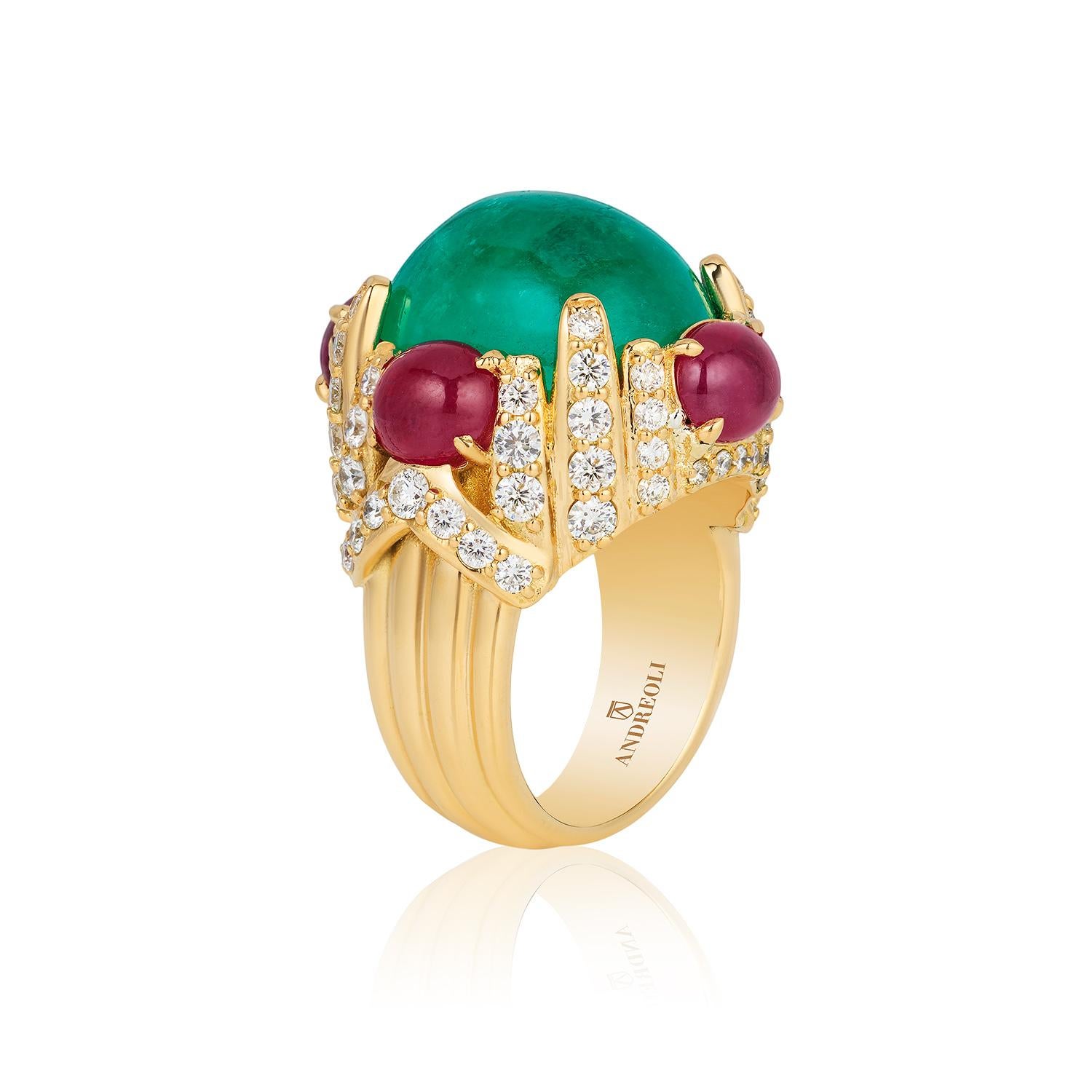 Andreoli 14.53 Carat Colombian Emerald Ruby Diamond 18 Karat Yellow Gold Ring

This ring features:
- 1.90 Carat Diamond
- 4.85 Carat Ruby
- 14.53 Carat Emerald Colombian Certified
- 30.41 Gram 18K Yellow Gold
- Made In Italy