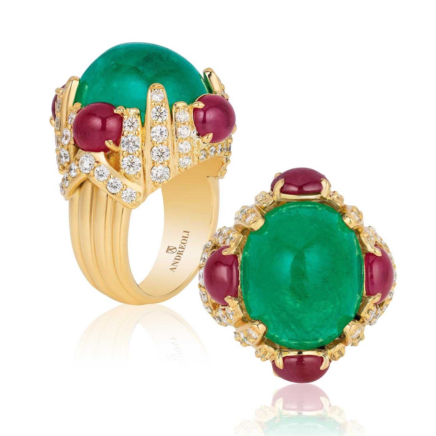 Mixed Cut Andreoli 14.53 Carat Colombian Emerald Ruby Diamond 18 Karat Yellow Gold Ring For Sale