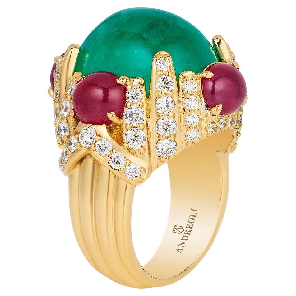 Andreoli 14.53 Carat Colombian Emerald Ruby Diamond 18 Karat Yellow Gold Ring For Sale