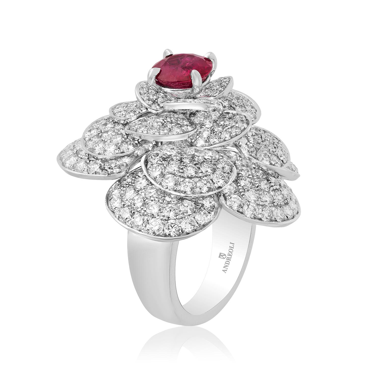 Contemporary Andreoli 1.68 Carat Ruby Diamond 18 Karat White Gold Flower Ring CDC Certified For Sale