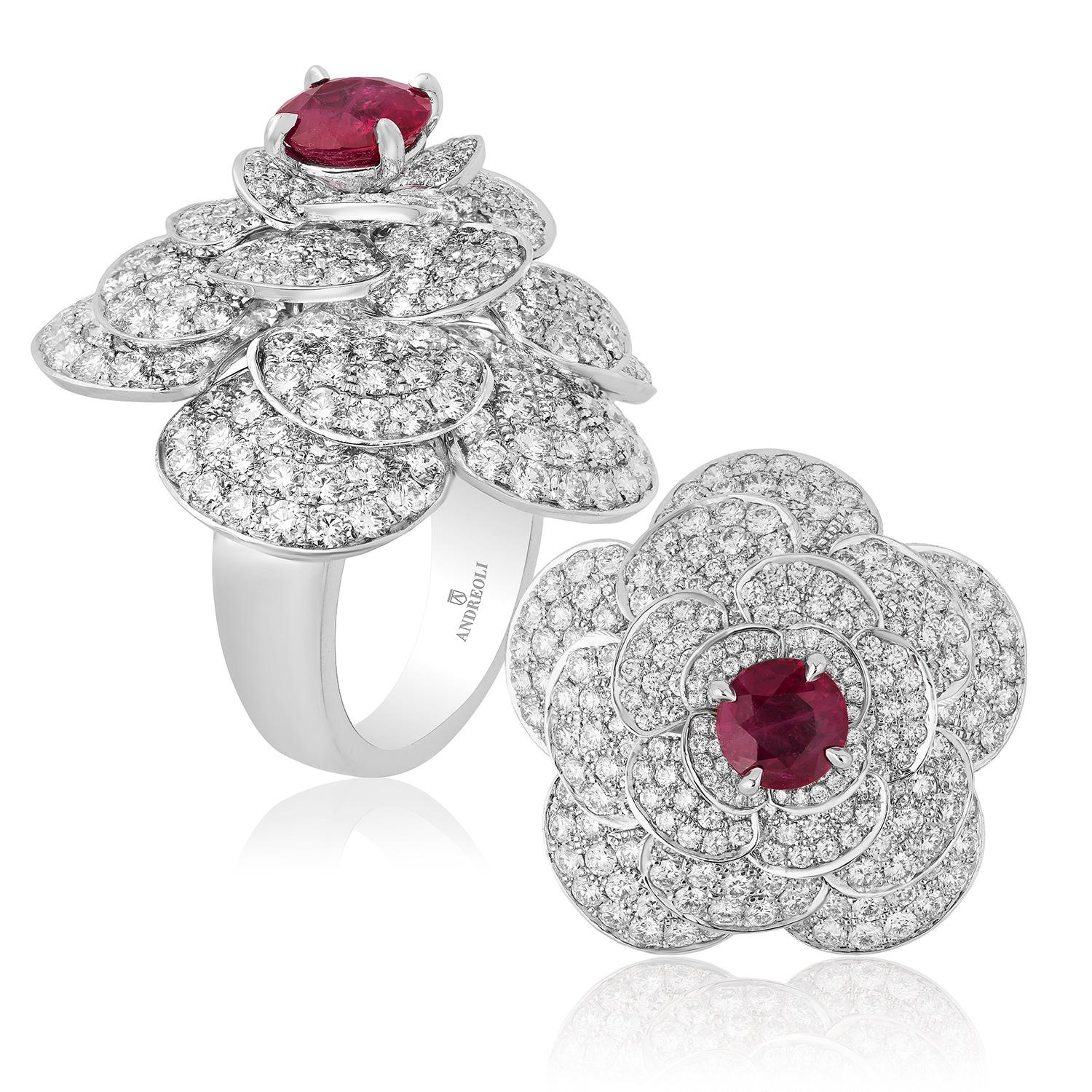 Round Cut Andreoli 1.68 Carat Ruby Diamond 18 Karat White Gold Flower Ring CDC Certified For Sale
